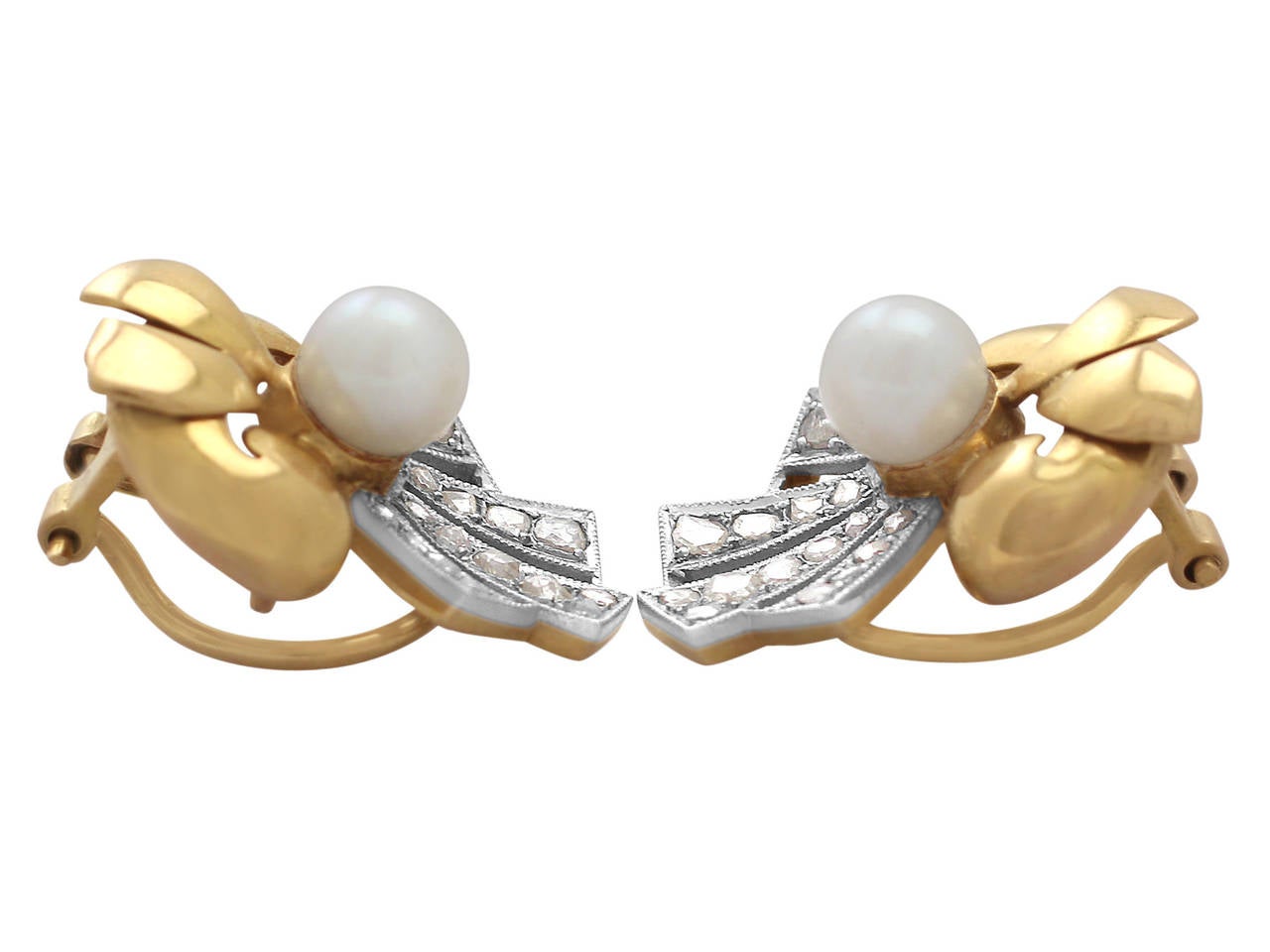 Women's 0.42Ct Diamond & Pearl, 18k Yellow Gold Stud Earrings - Art Deco Style - Vintage