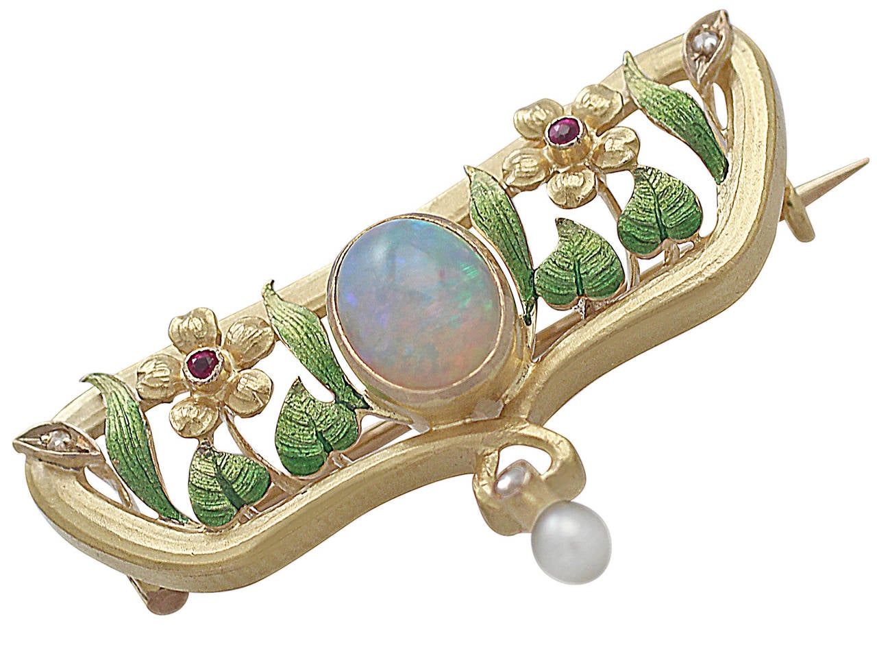 A fine and impressive opal, diamond, ruby and pearl enamelled 18 karat yellow gold Art Nouveau style brooch; part of our antique jewelry and estate jewelry collections

This fine 1920's brooch has been crafted in 18k yellow gold.

The brooch has