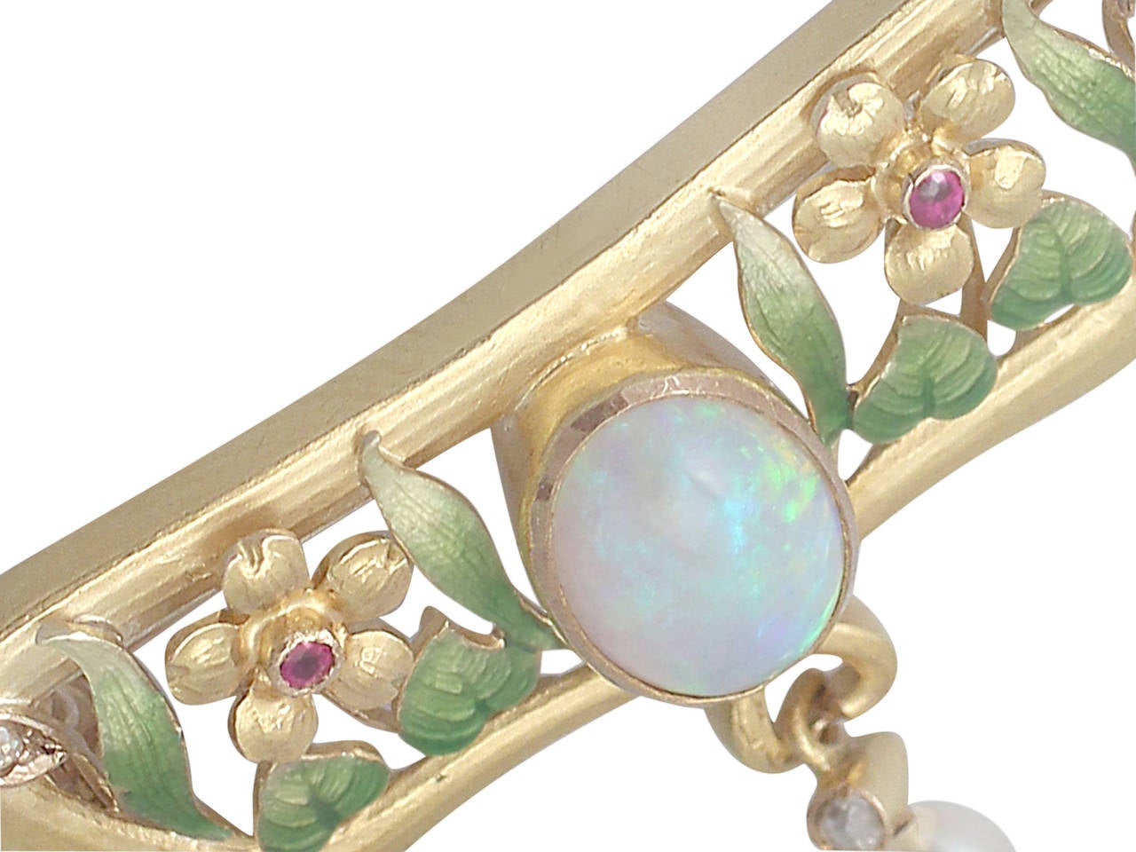 Opal, Diamond, Ruby & Pearl Enamelled 18k Yellow Gold Brooch, Antique Circa 1920 In Excellent Condition In Jesmond, Newcastle Upon Tyne