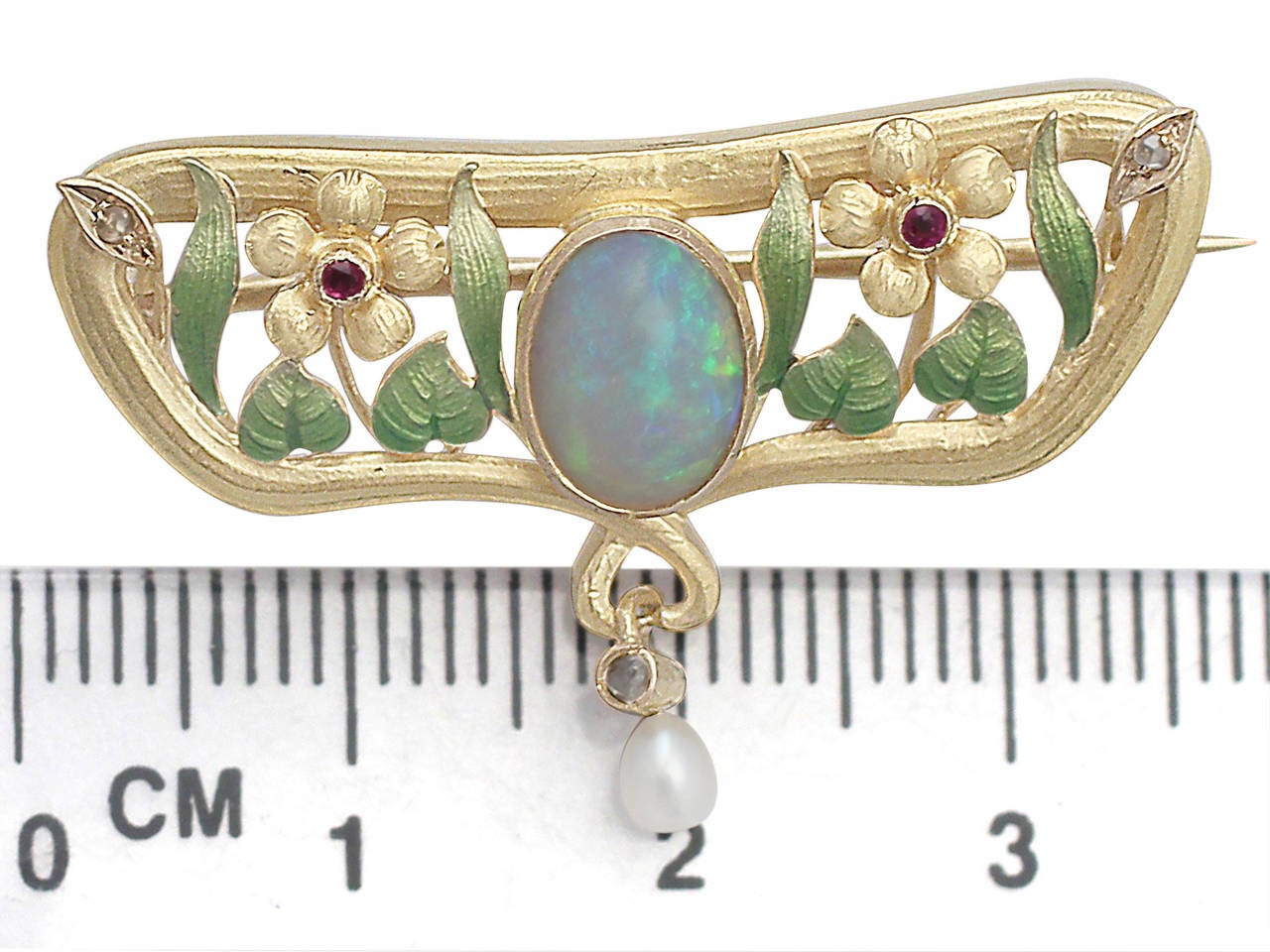 Opal, Diamond, Ruby & Pearl Enamelled 18k Yellow Gold Brooch, Antique Circa 1920 3