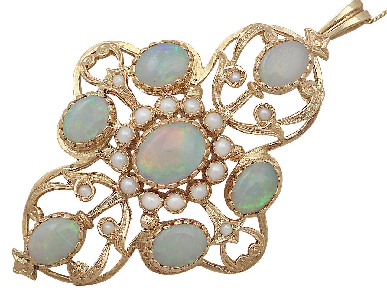Opal and Pearl 9k Yellow Gold Pendant - Victorian Style - Vintage 1979 In Excellent Condition In Jesmond, Newcastle Upon Tyne