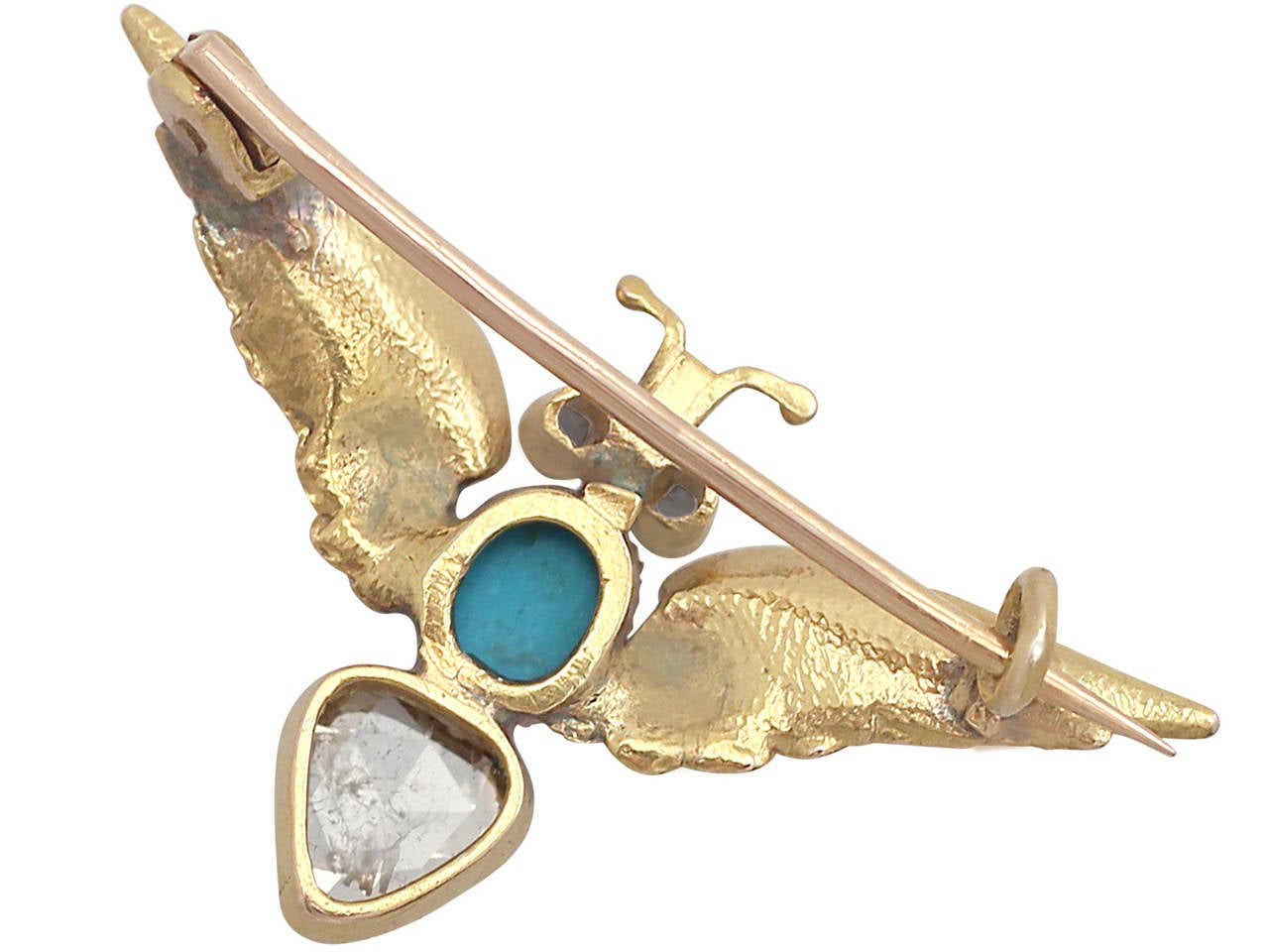 0.50Ct Diamond, Turquoise and 15k Yellow Gold Brooch - Antique Victorian 2