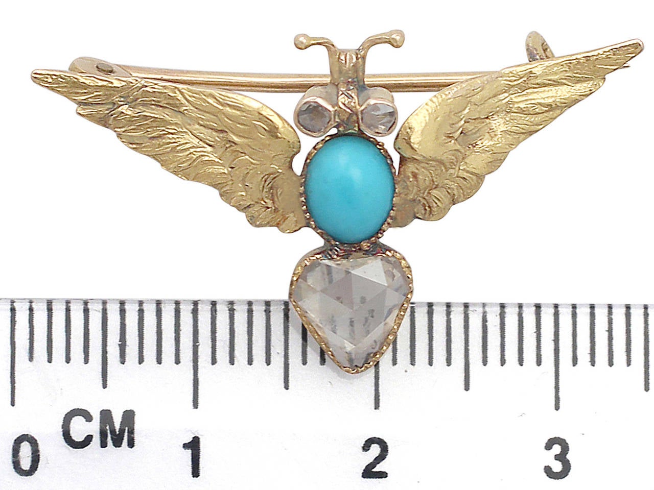 0.50Ct Diamond, Turquoise and 15k Yellow Gold Brooch - Antique Victorian 3
