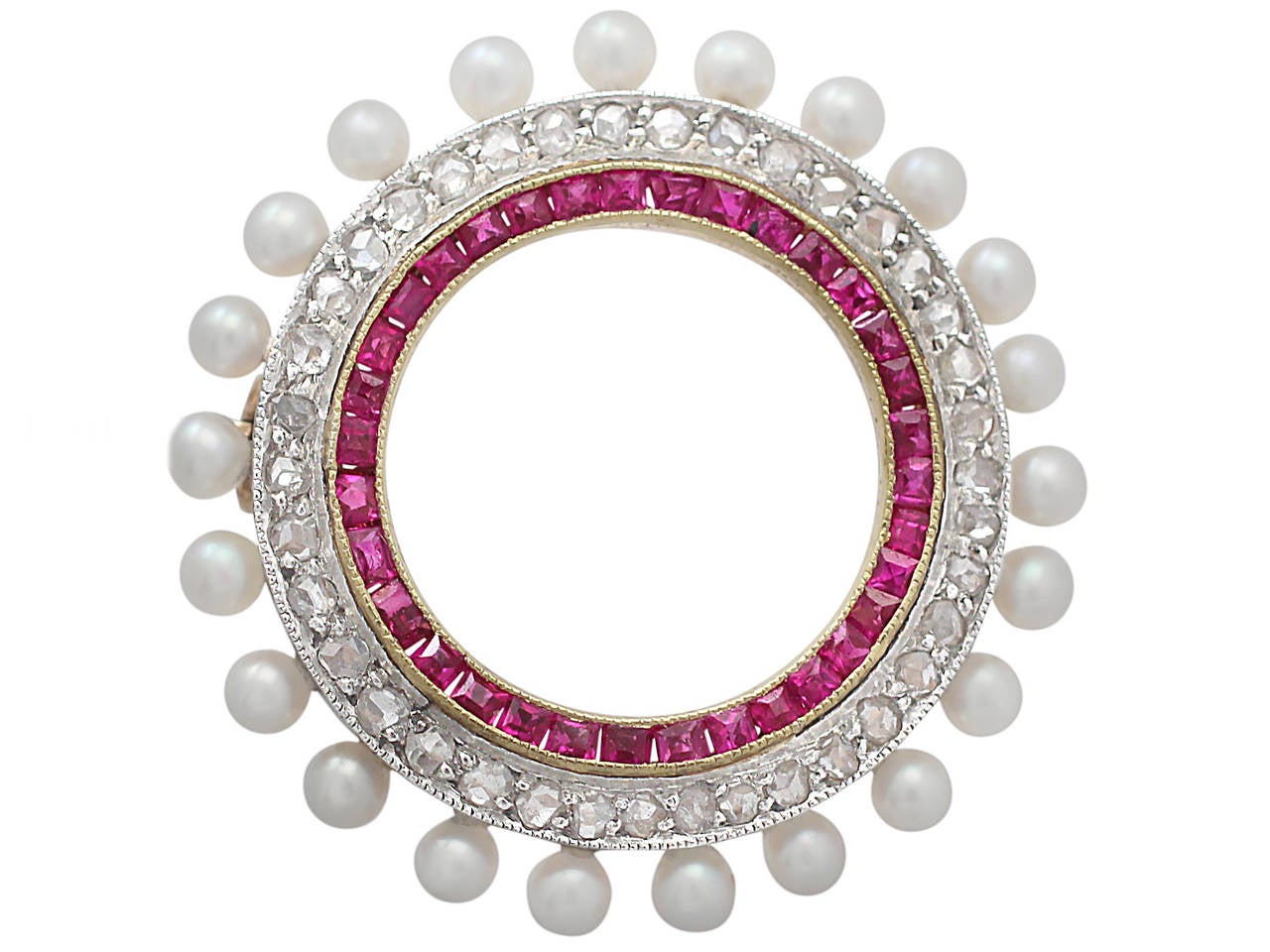 0.68Ct Diamond, 0.36Ct Ruby, Pearl & 14k Yellow Gold Brooch - Antique Circa 1910