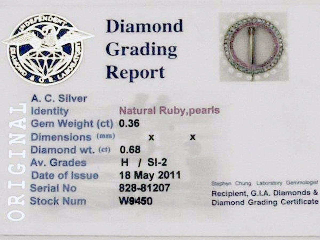 0.68Ct Diamond, 0.36Ct Ruby, Pearl & 14k Yellow Gold Brooch - Antique Circa 1910 4