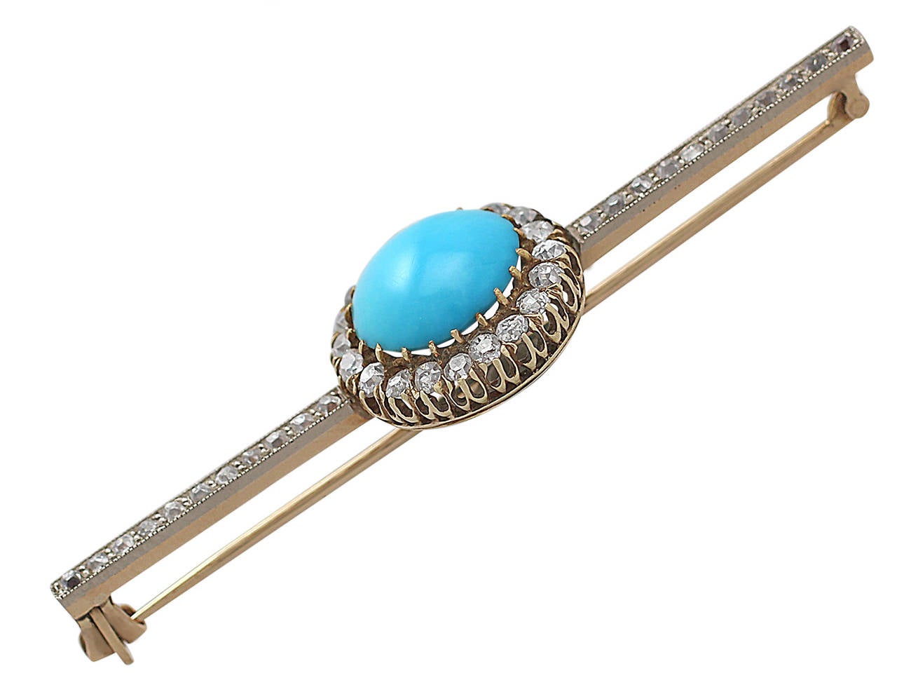 Turquoise and 1.56 ct Diamond, 15l Yellow Gold Bar Brooch - Antique Circa 1880 In Excellent Condition In Jesmond, Newcastle Upon Tyne