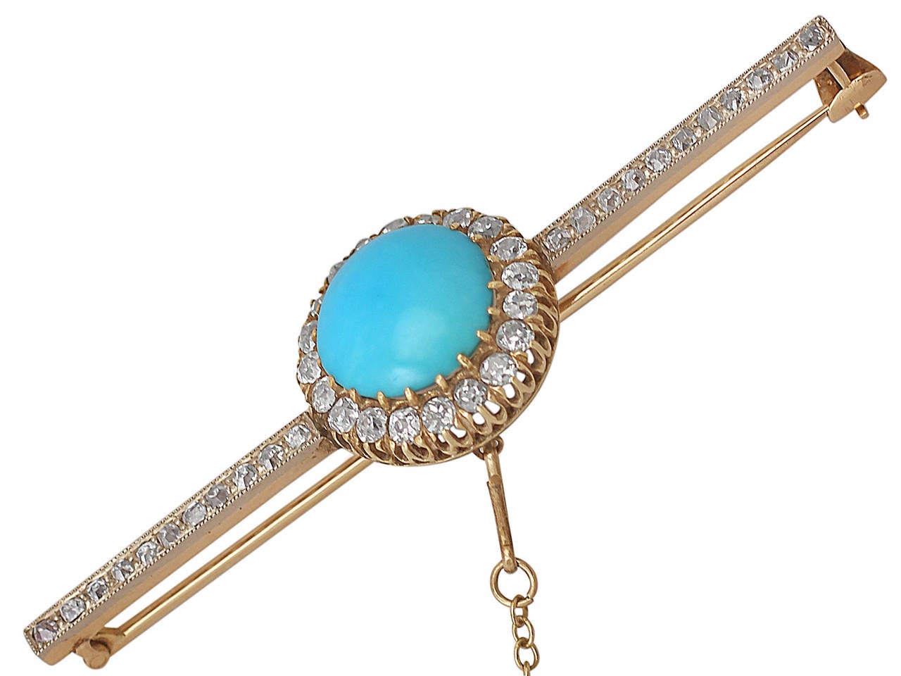 Women's Turquoise and 1.56 ct Diamond, 15l Yellow Gold Bar Brooch - Antique Circa 1880