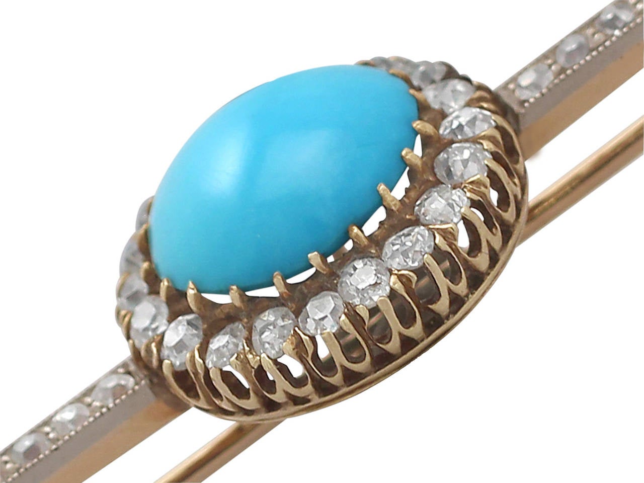Turquoise and 1.56 ct Diamond, 15l Yellow Gold Bar Brooch - Antique Circa 1880 1