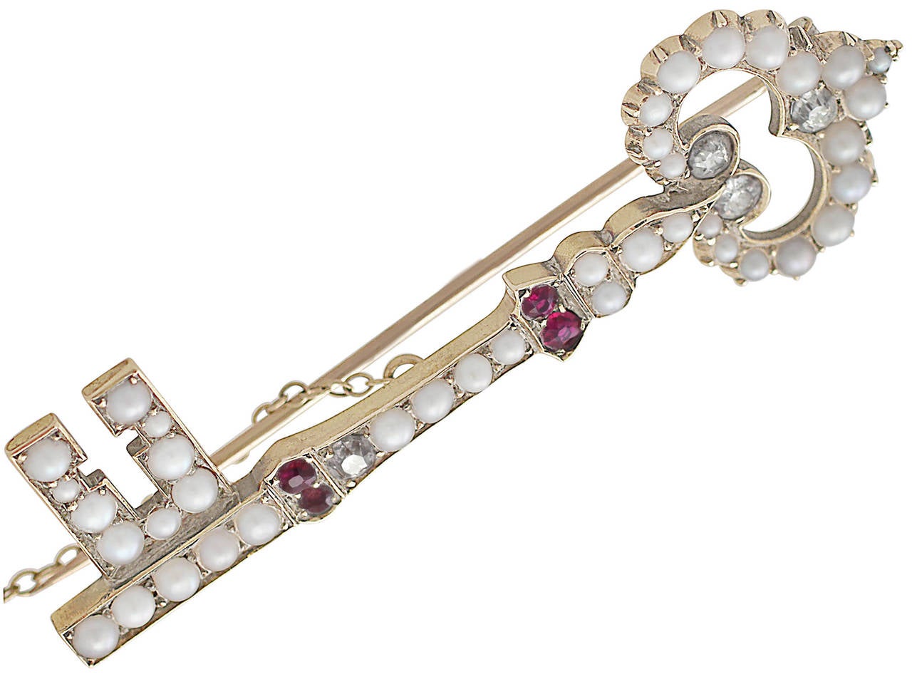 Women's 0.32Ct Diamond, Pearl and Ruby 18k Yellow Gold Key Brooch, Antique Victorian