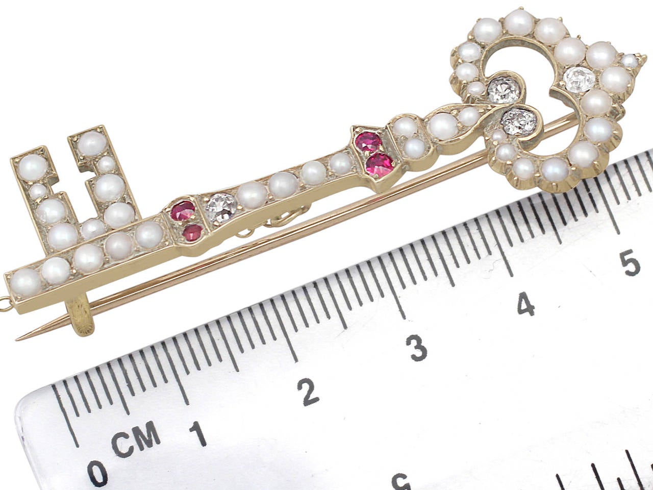 0.32Ct Diamond, Pearl and Ruby 18k Yellow Gold Key Brooch, Antique Victorian 3