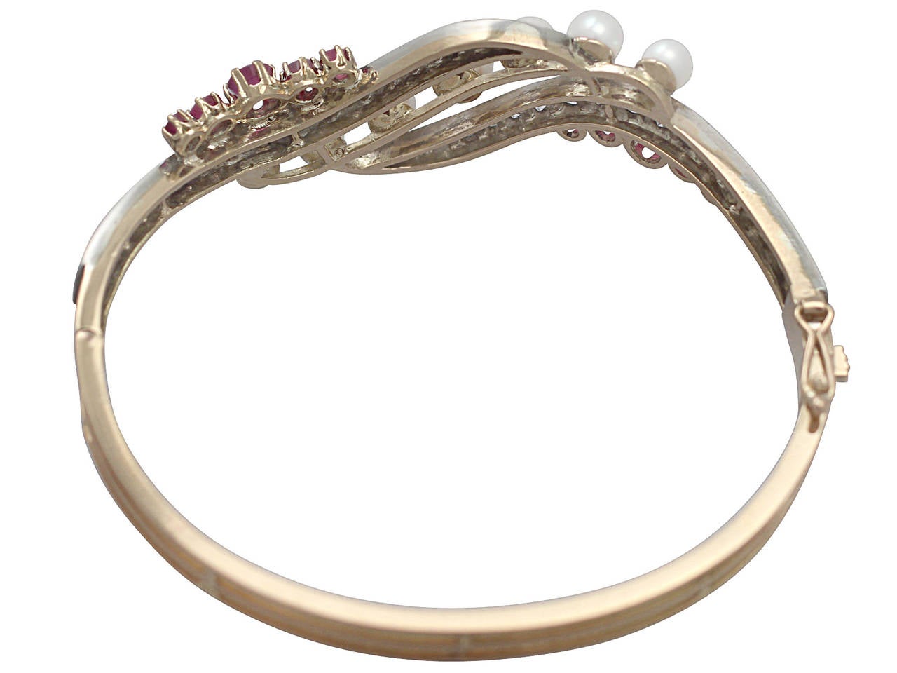 Women's 1890s Pearl 1.28 Carats Rubies 3.65 Carats Diamonds Gold Bangle Bracelet