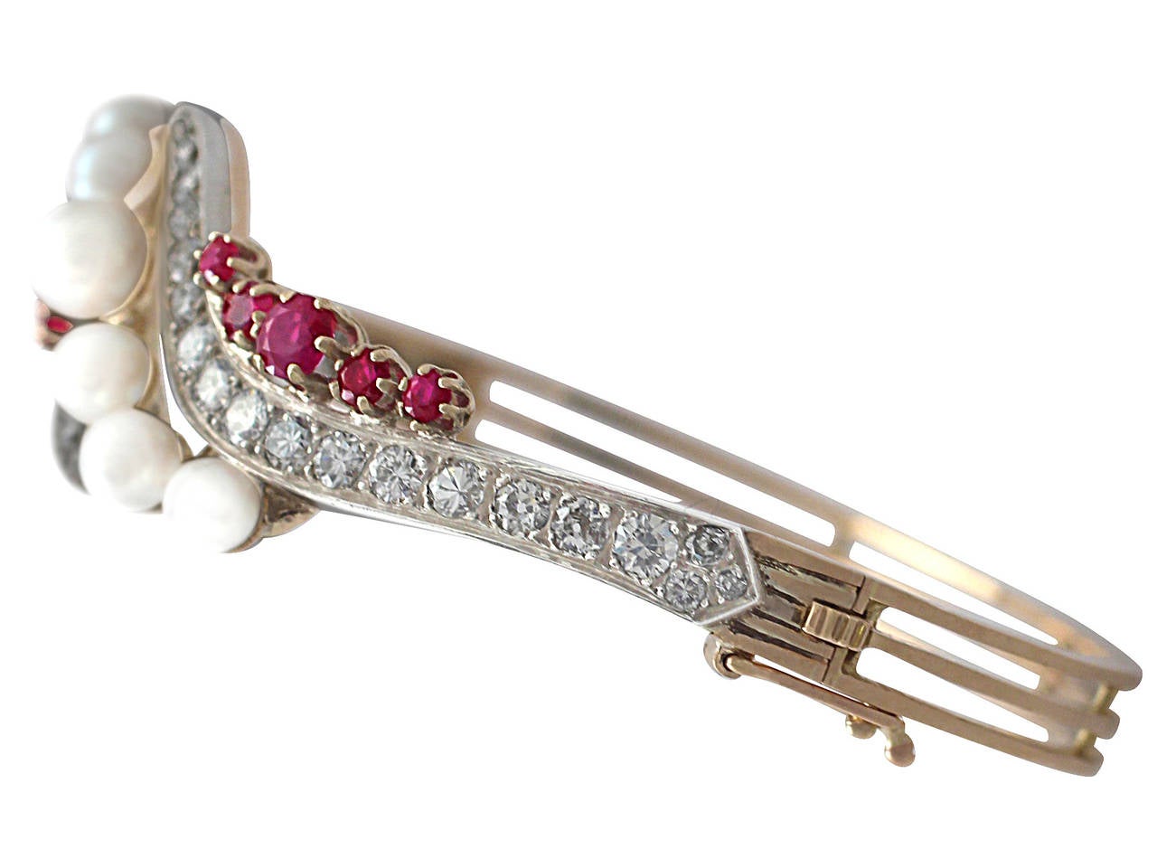 1890s Pearl 1.28 Carats Rubies 3.65 Carats Diamonds Gold Bangle Bracelet 1