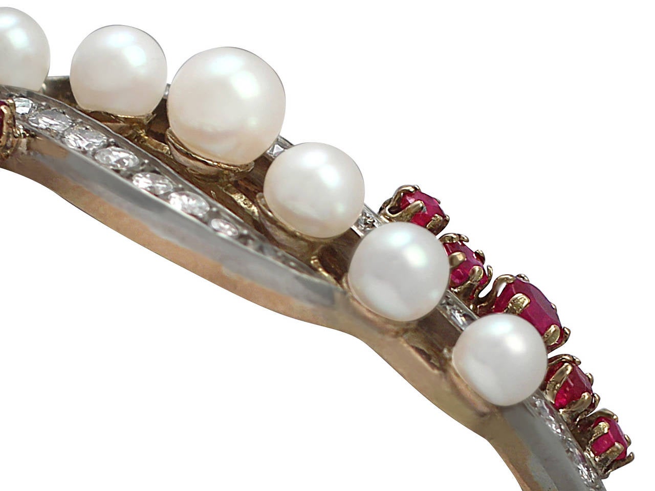 1890s Pearl 1.28 Carats Rubies 3.65 Carats Diamonds Gold Bangle Bracelet 2