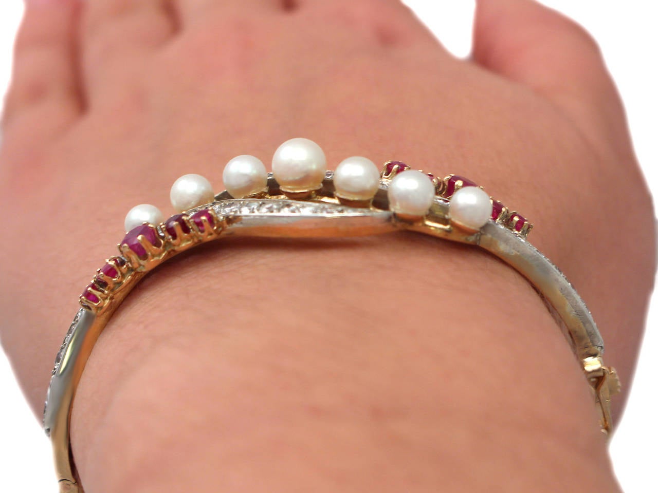 1890s Pearl 1.28 Carats Rubies 3.65 Carats Diamonds Gold Bangle Bracelet 6