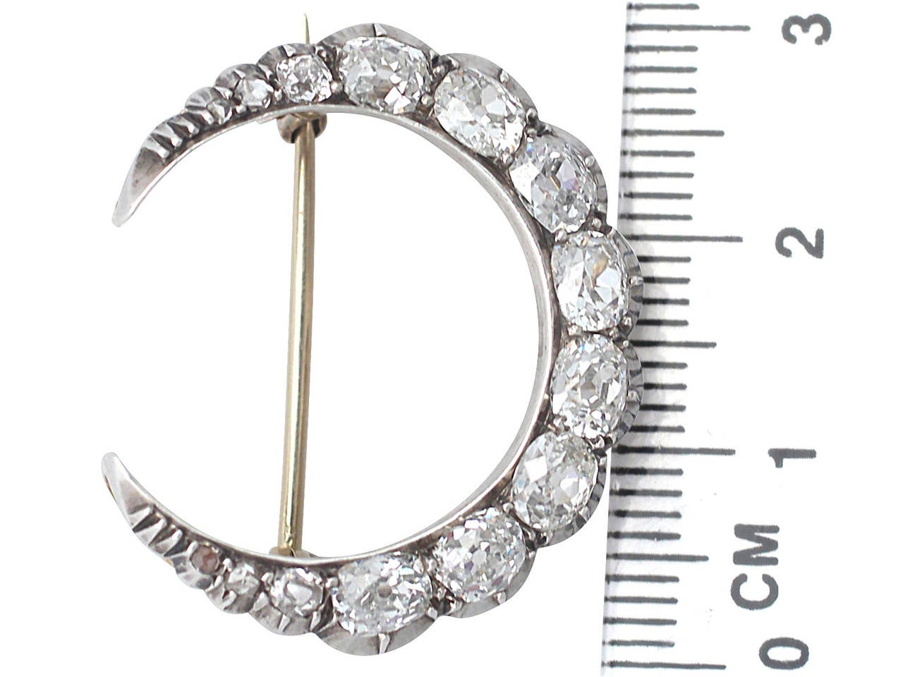 2.89Ct Diamond and 15k Yellow Gold Crescent Brooch - Antique Early Victorian 4