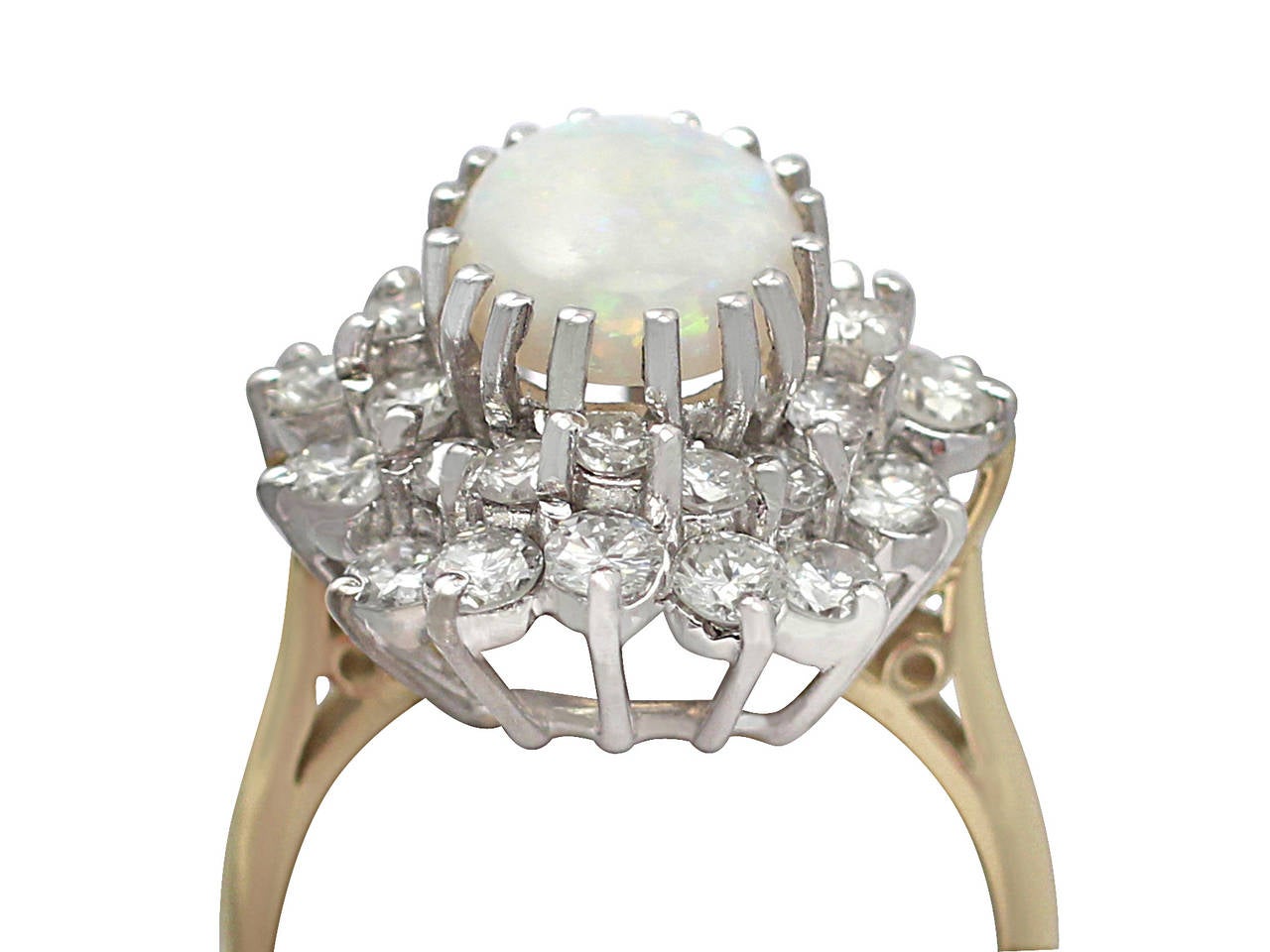Round Cut 1970s 1.25 Carat Opal and 1.65 Carat Diamond Yellow Gold Cocktail Ring
