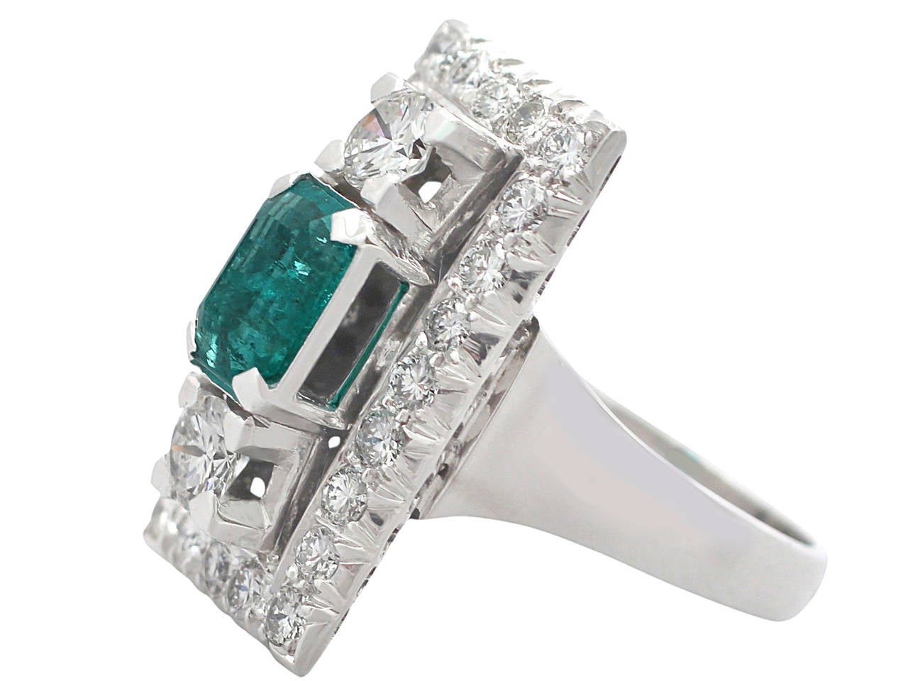 Women's 1.07Ct Emerald & 1.78Ct Diamond Dress Ring - Art Deco Style - Vintage French