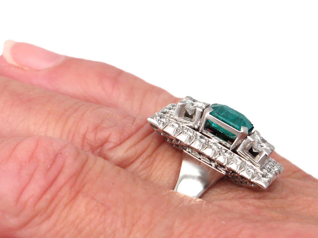 1.07Ct Emerald & 1.78Ct Diamond Dress Ring - Art Deco Style - Vintage French 4