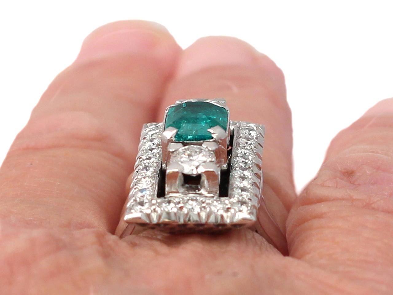 1.07Ct Emerald & 1.78Ct Diamond Dress Ring - Art Deco Style - Vintage French 5