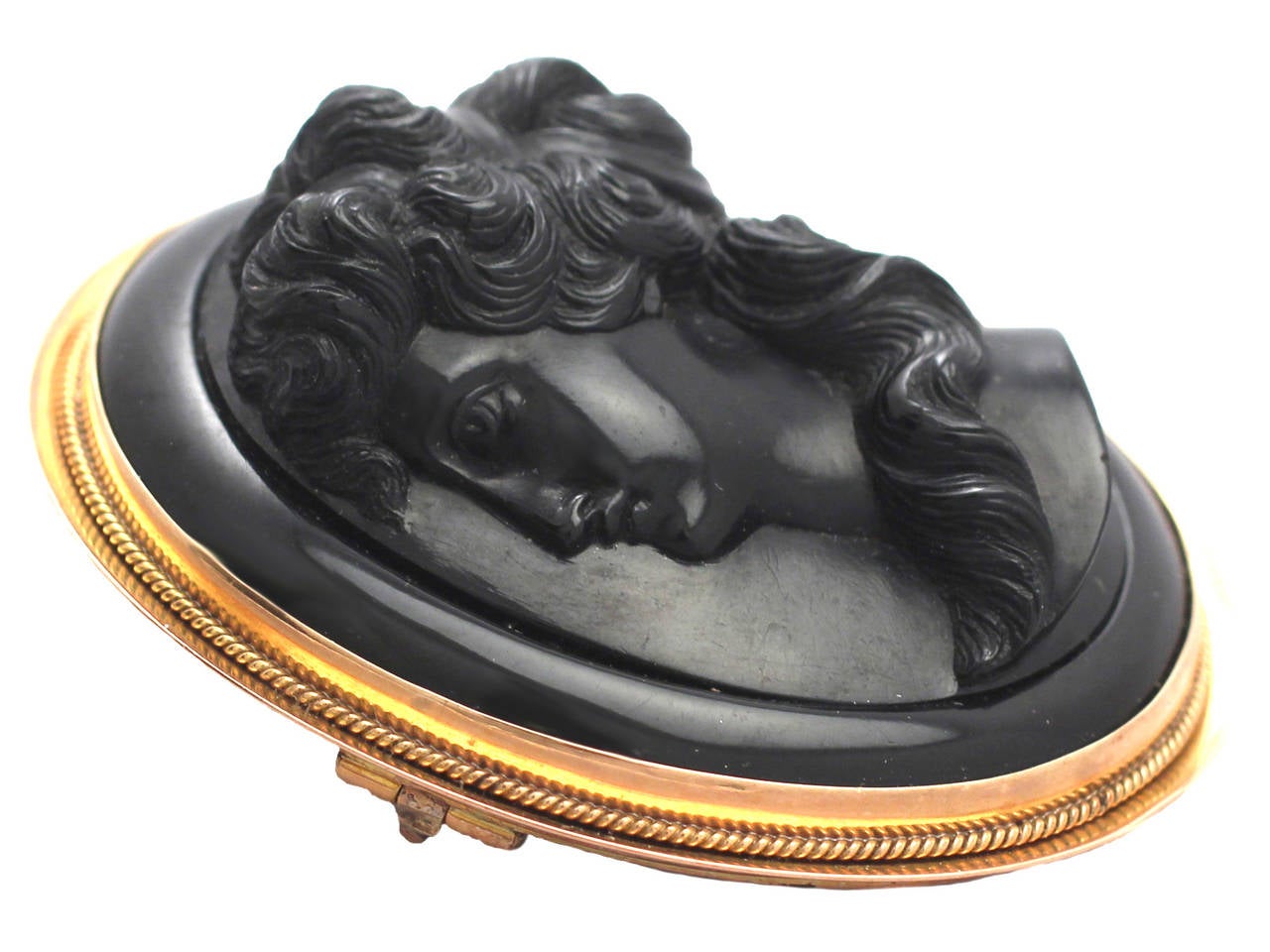 Jet and 9k Yellow Gold Cameo Brooch - Antique Victorian In Excellent Condition In Jesmond, Newcastle Upon Tyne