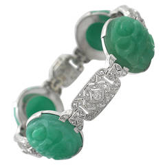 Jade (Natural Nephrite) & 1.12Ct Diamond, Platinum Bracelet - Vintage Circa 1935