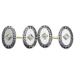 0.12Ct Diamond & Enamel, 14k Yellow Gold, Platinum Set Cufflinks- Antique 8