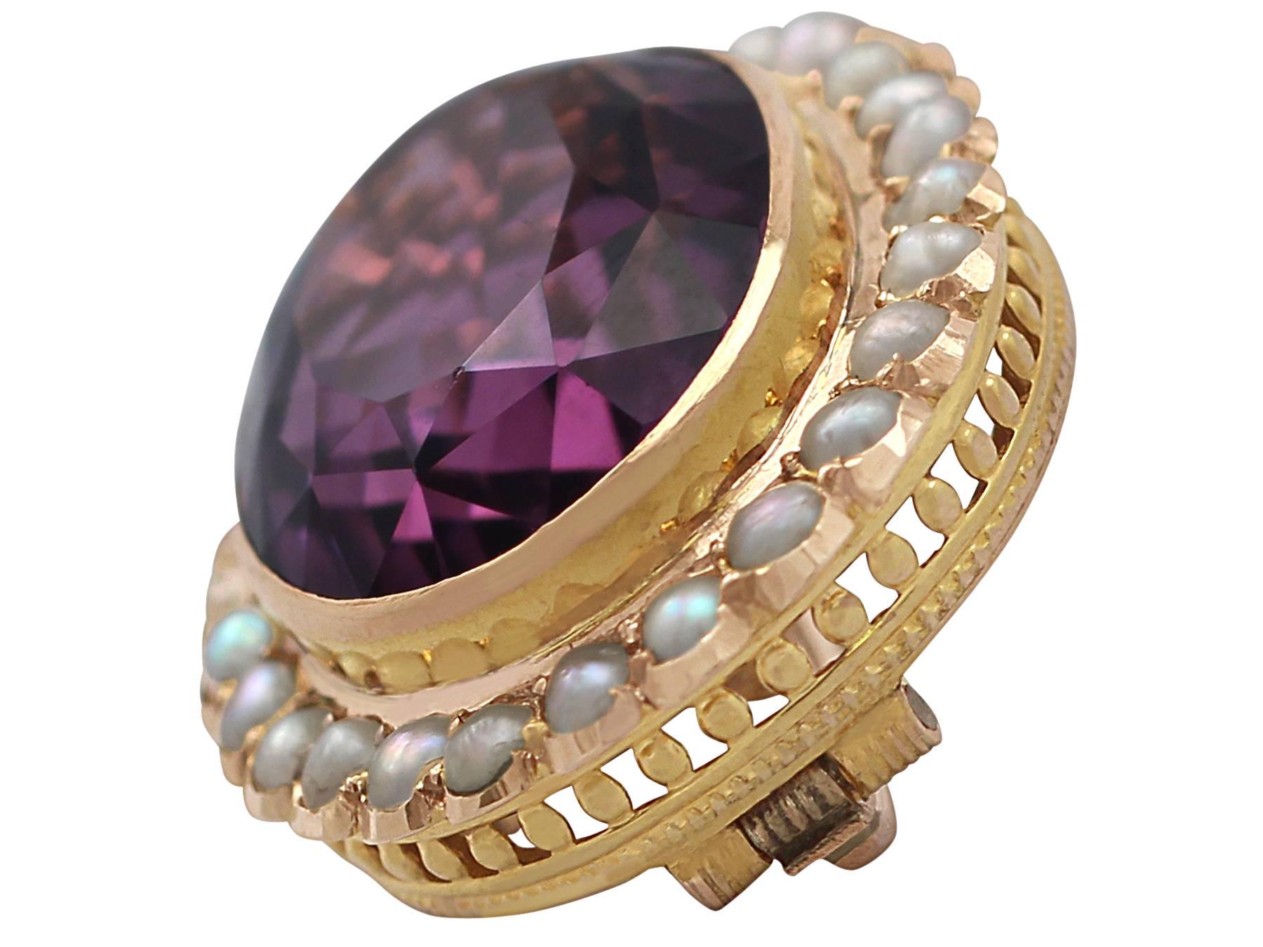 A very fine and impressive antique Edwardian 17.05 carat amethyst and seed pearl, 9 karat yellow gold brooch: part of our antique jewelry and estate jewelry collections

This impressive antique amethyst brooch has been crafted in 9k yellow