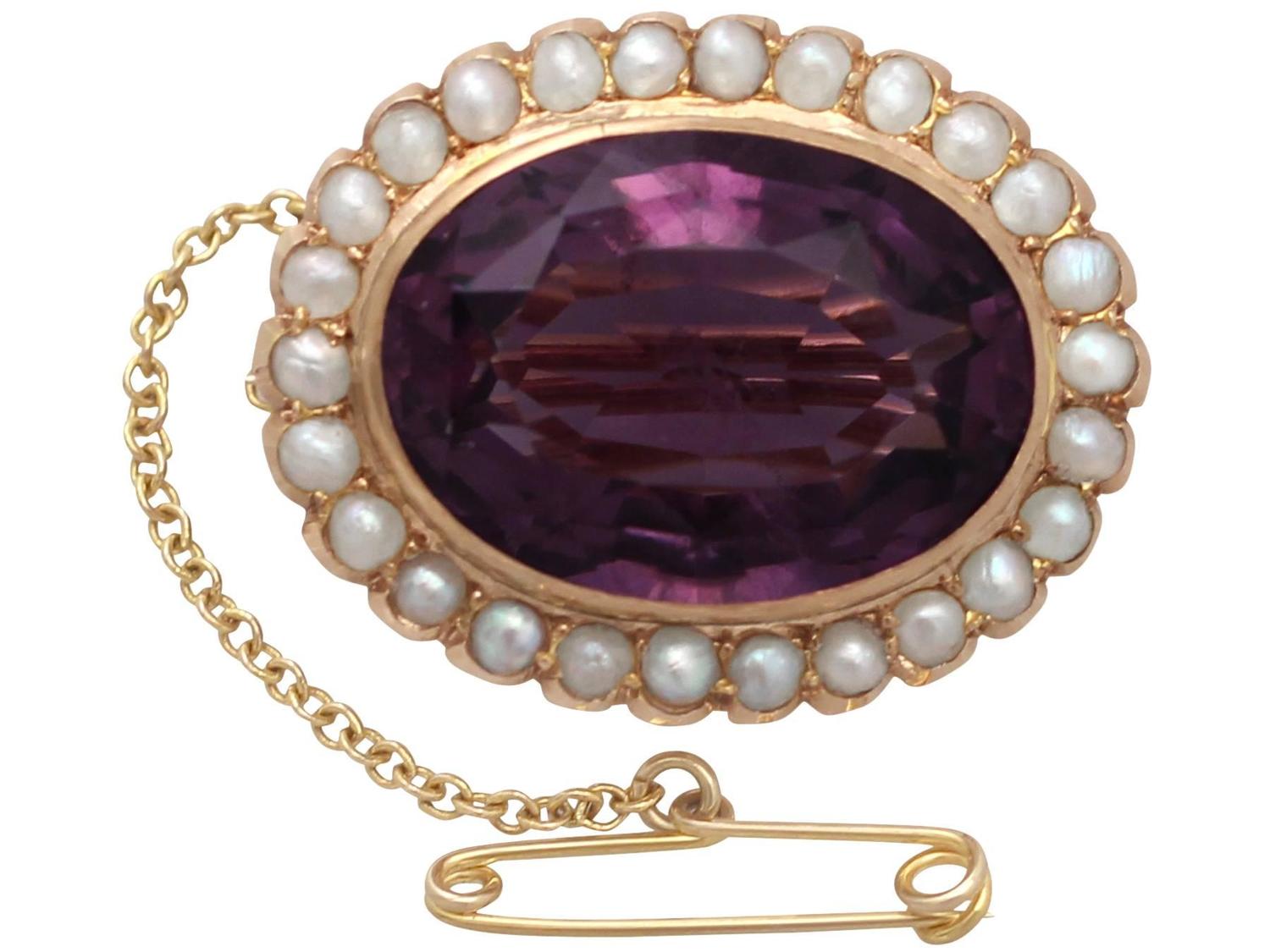 17.05Ct Amethyst and Pearl 9k Yellow Gold Brooch Antique Edwardian at