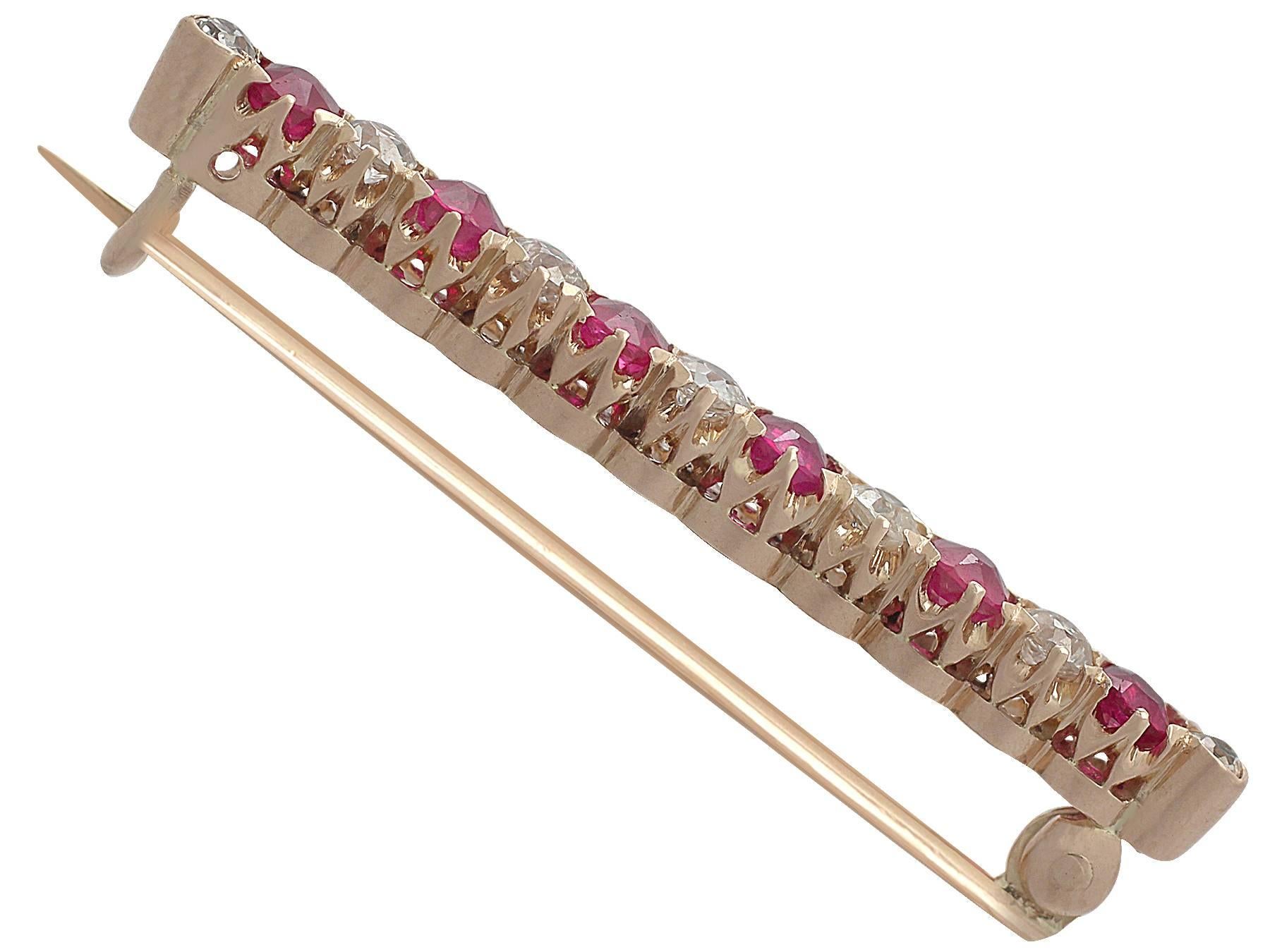 Women's 1.48Ct Ruby and 0.85Ct Diamond, 14k Rose Gold Bar Brooch - Antique Victorian