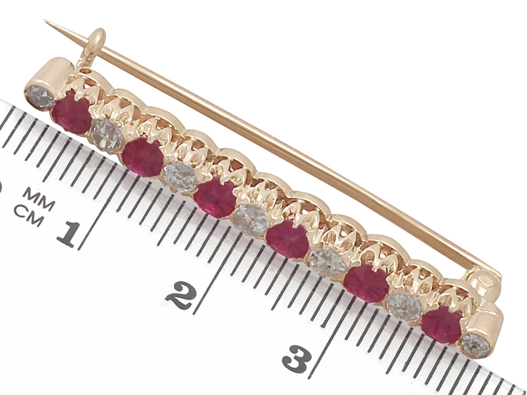 1.48Ct Ruby and 0.85Ct Diamond, 14k Rose Gold Bar Brooch - Antique Victorian 3