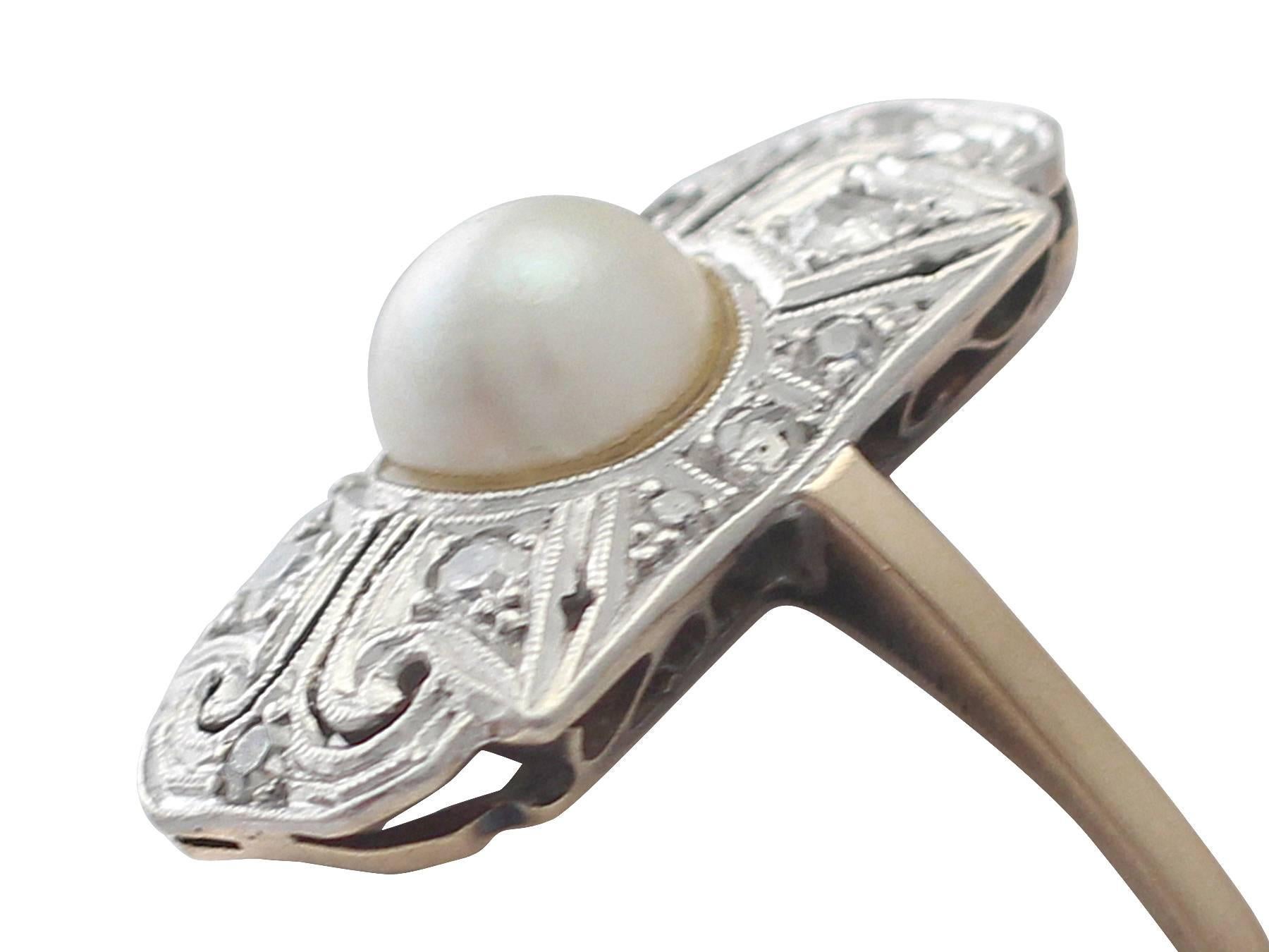 Pearl & 0.28Ct Diamond, 14k Yellow Gold & Platinum Set Dress Ring - Antique In Excellent Condition In Jesmond, Newcastle Upon Tyne