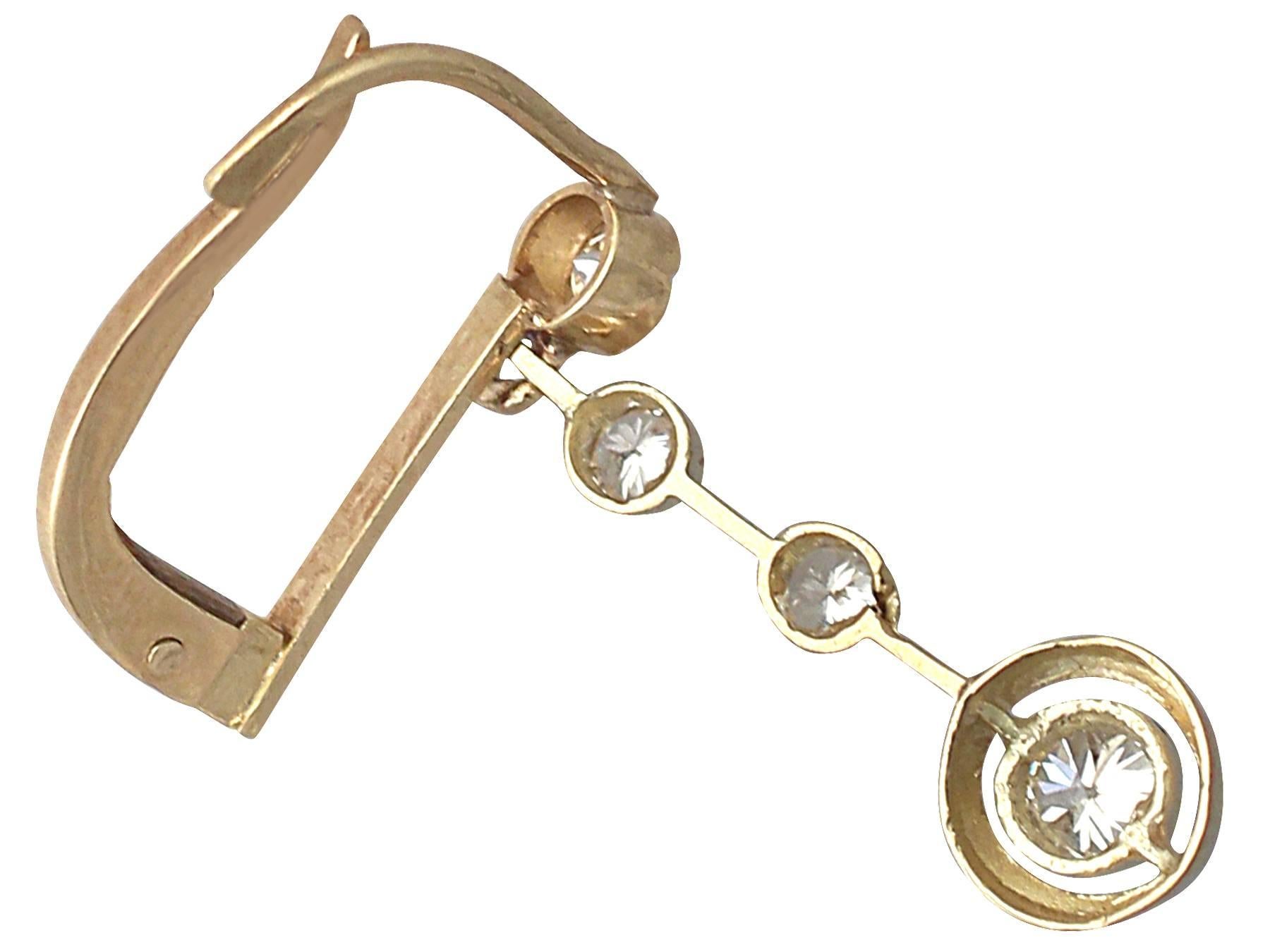 0.74 Carat Diamond and 18 Karat Yellow Gold Drop Earrings, Antique circa 1930 1
