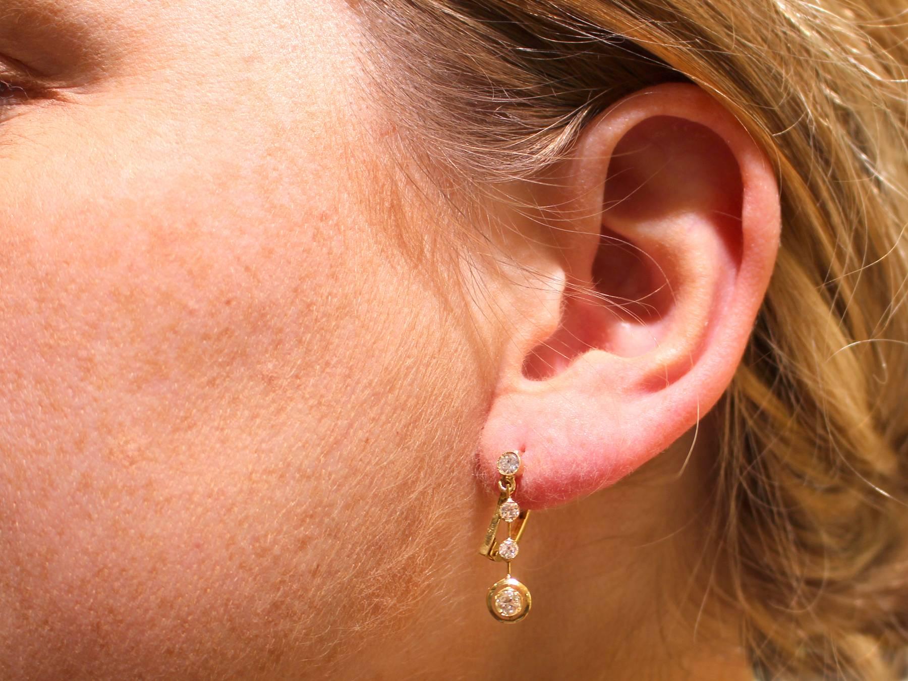 0.74 Carat Diamond and 18 Karat Yellow Gold Drop Earrings, Antique circa 1930 5
