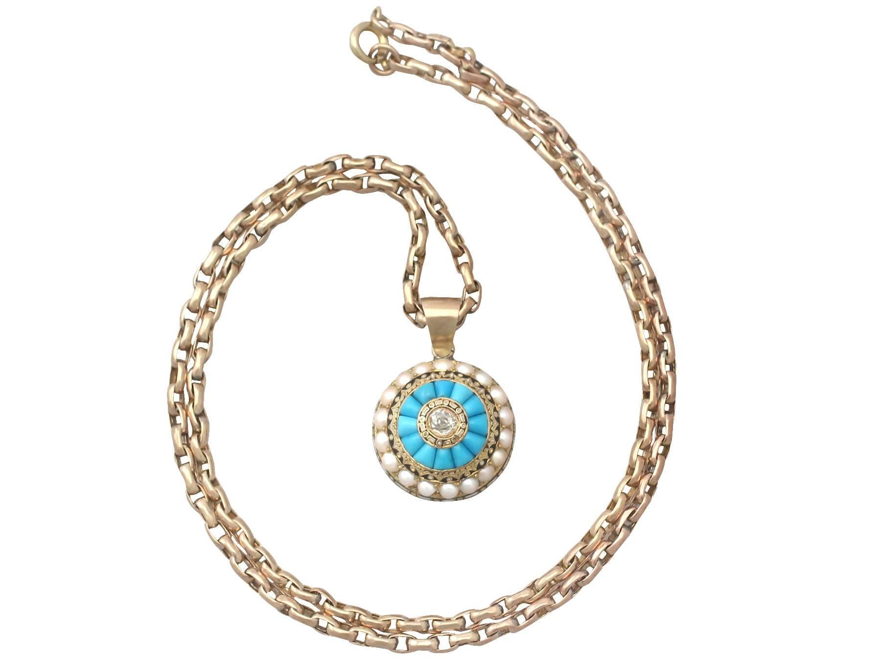 A fine and impressive antique Victorian 0.17 carat diamond and turquoise, seed pearl and handpainted enamel 15 Karat yellow gold locket with 9 karat yellow gold belcher chain; part of our diverse antique and estate jewelry collections

This fine and