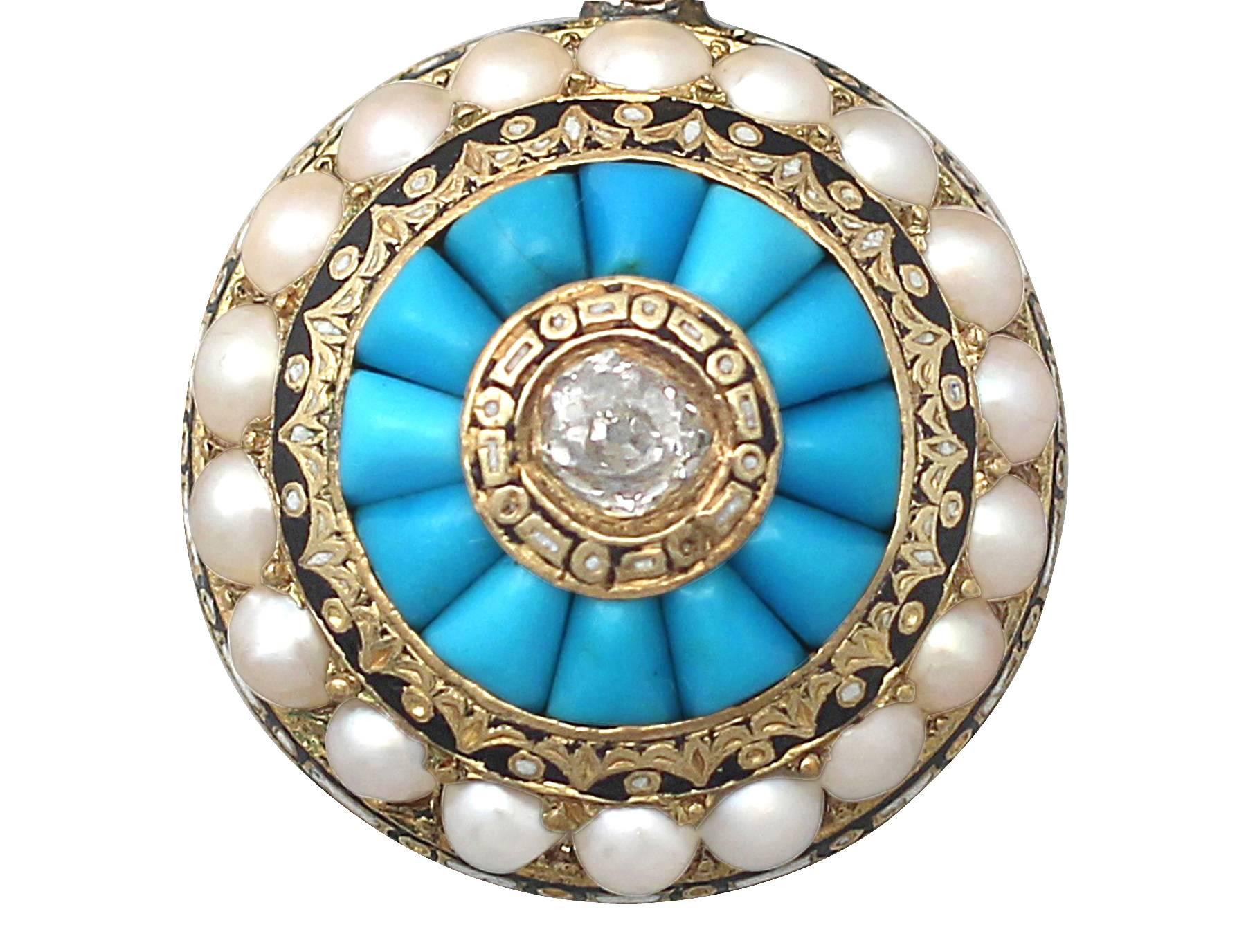 Turquoise, Pearl, Enamel and 0.17Ct Diamond, 15k Yellow Gold Pendant - Victorian In Excellent Condition In Jesmond, Newcastle Upon Tyne