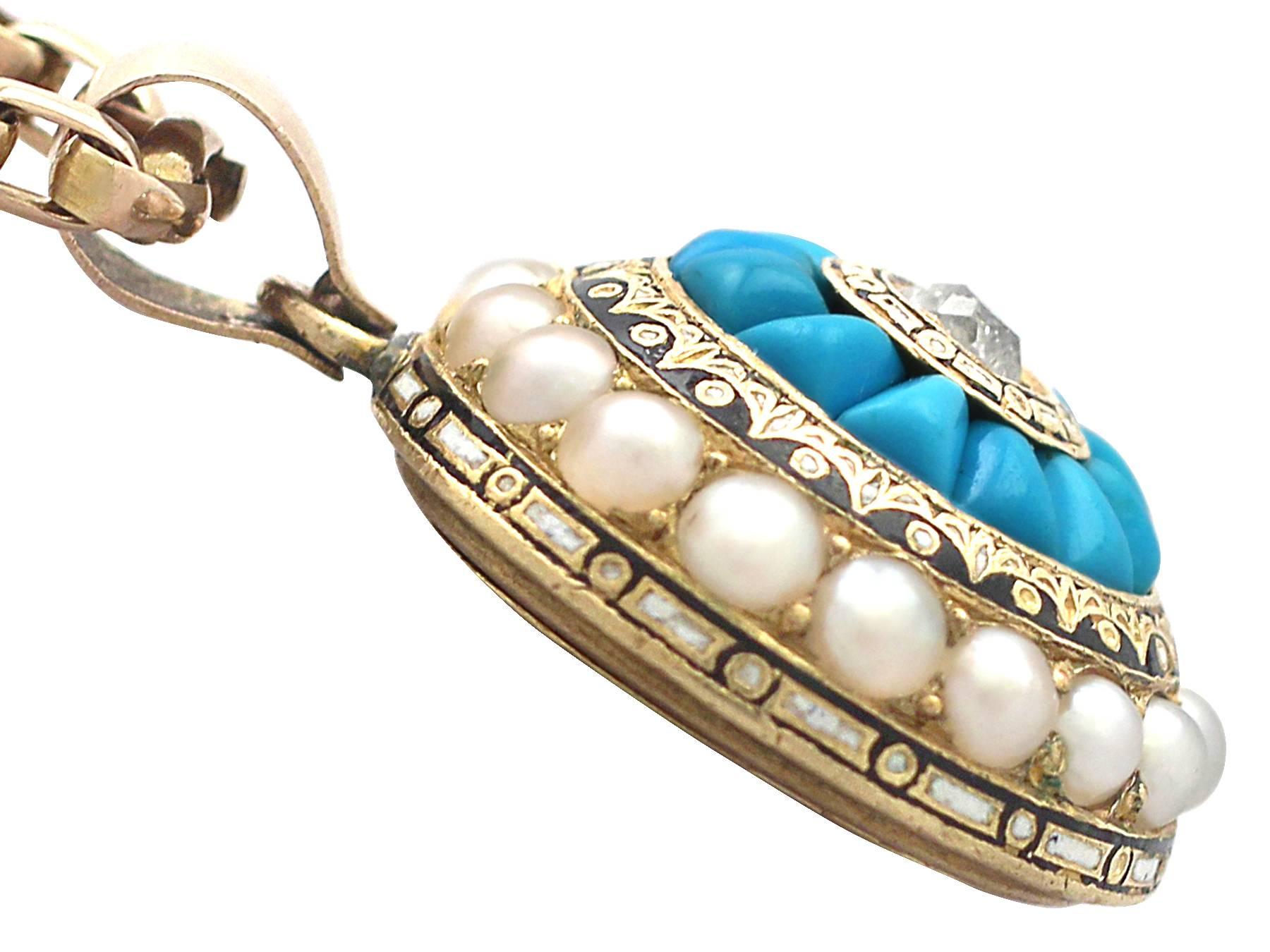 Women's Turquoise, Pearl, Enamel and 0.17Ct Diamond, 15k Yellow Gold Pendant - Victorian