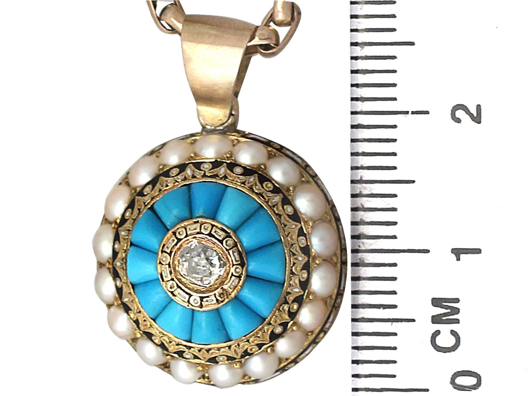 Turquoise, Pearl, Enamel and 0.17Ct Diamond, 15k Yellow Gold Pendant - Victorian 2