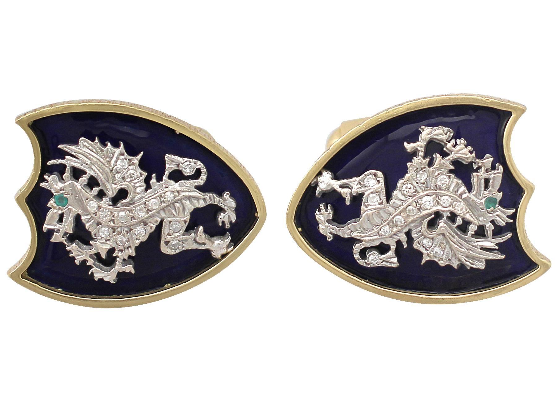 A stunning, fine and impressive pair of vintage 0.35 carat diamond and 0.03 carat natural emerald, enamel and 18 karat yellow gold cufflinks with an 18 karat white gold heraldic dragon motif; part of our diverse collection of English jewelry

These