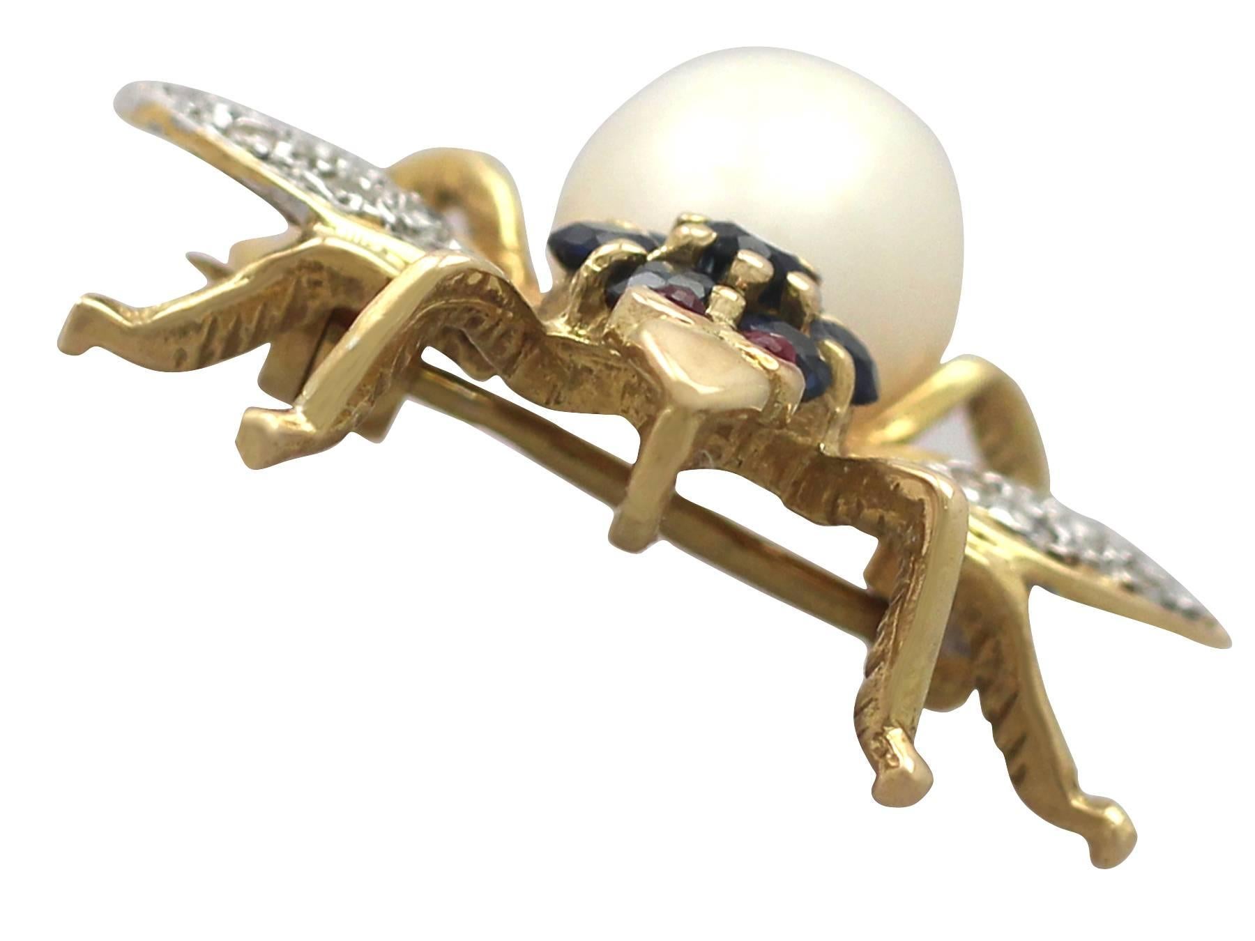 0.14Ct Diamond, Pearl, Sapphire & Ruby, 18k Yellow Gold Insect Brooch - Vintage In Excellent Condition In Jesmond, Newcastle Upon Tyne