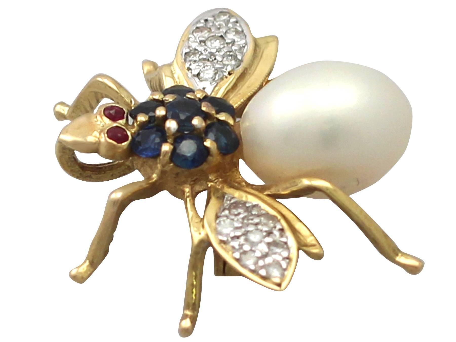 Women's 0.14Ct Diamond, Pearl, Sapphire & Ruby, 18k Yellow Gold Insect Brooch - Vintage