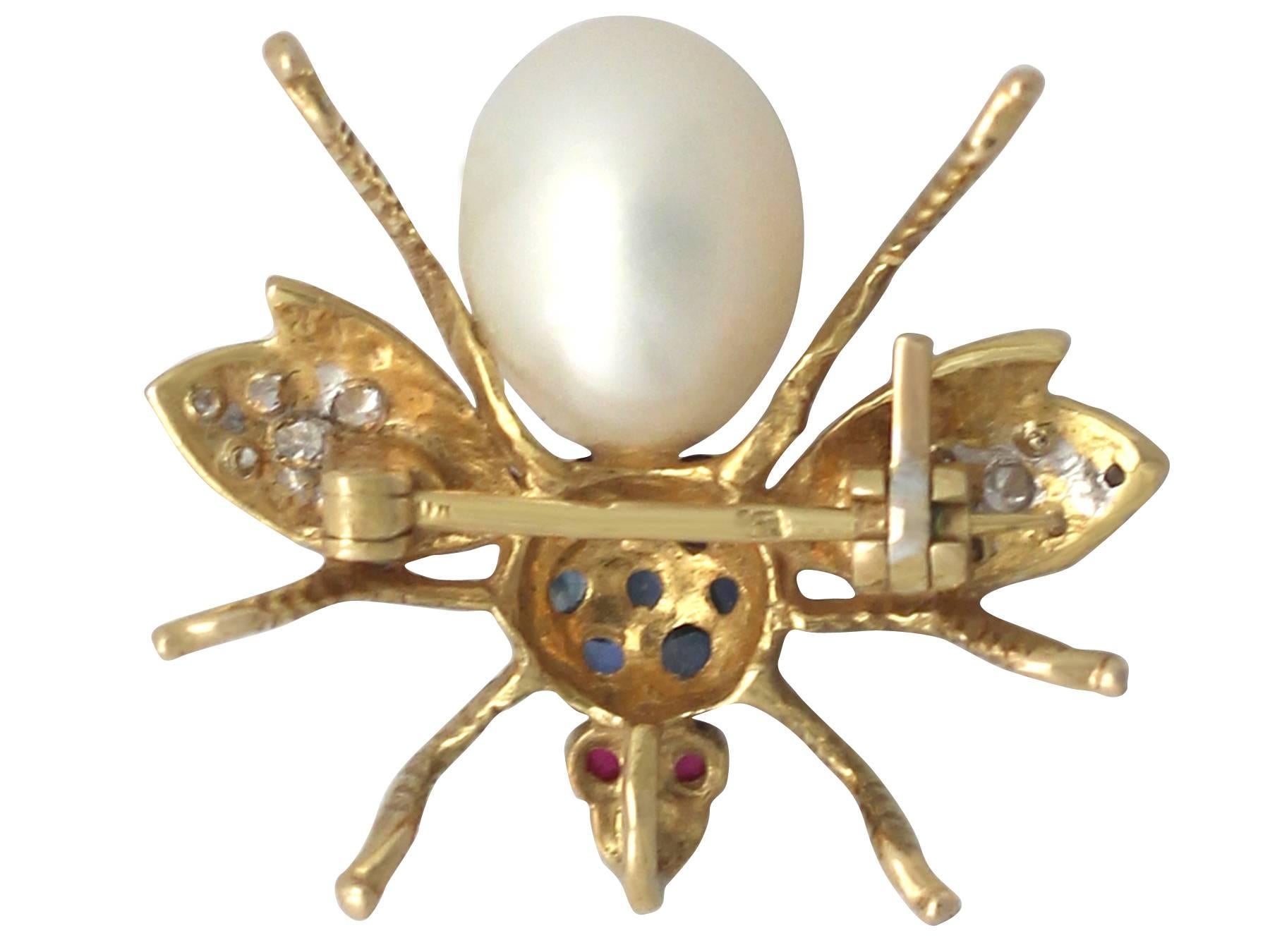 0.14Ct Diamond, Pearl, Sapphire & Ruby, 18k Yellow Gold Insect Brooch - Vintage 2