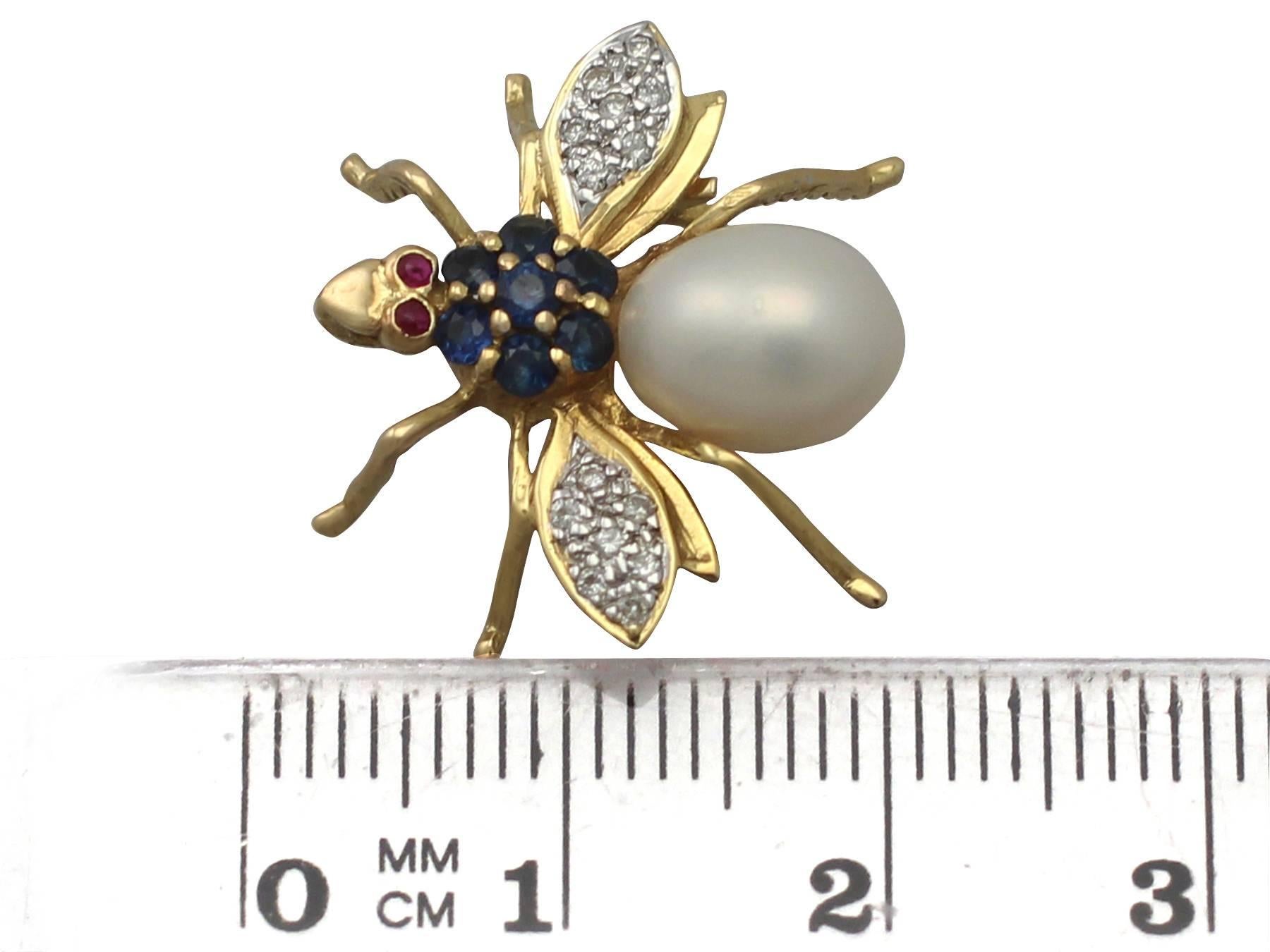 0.14Ct Diamond, Pearl, Sapphire & Ruby, 18k Yellow Gold Insect Brooch - Vintage 3