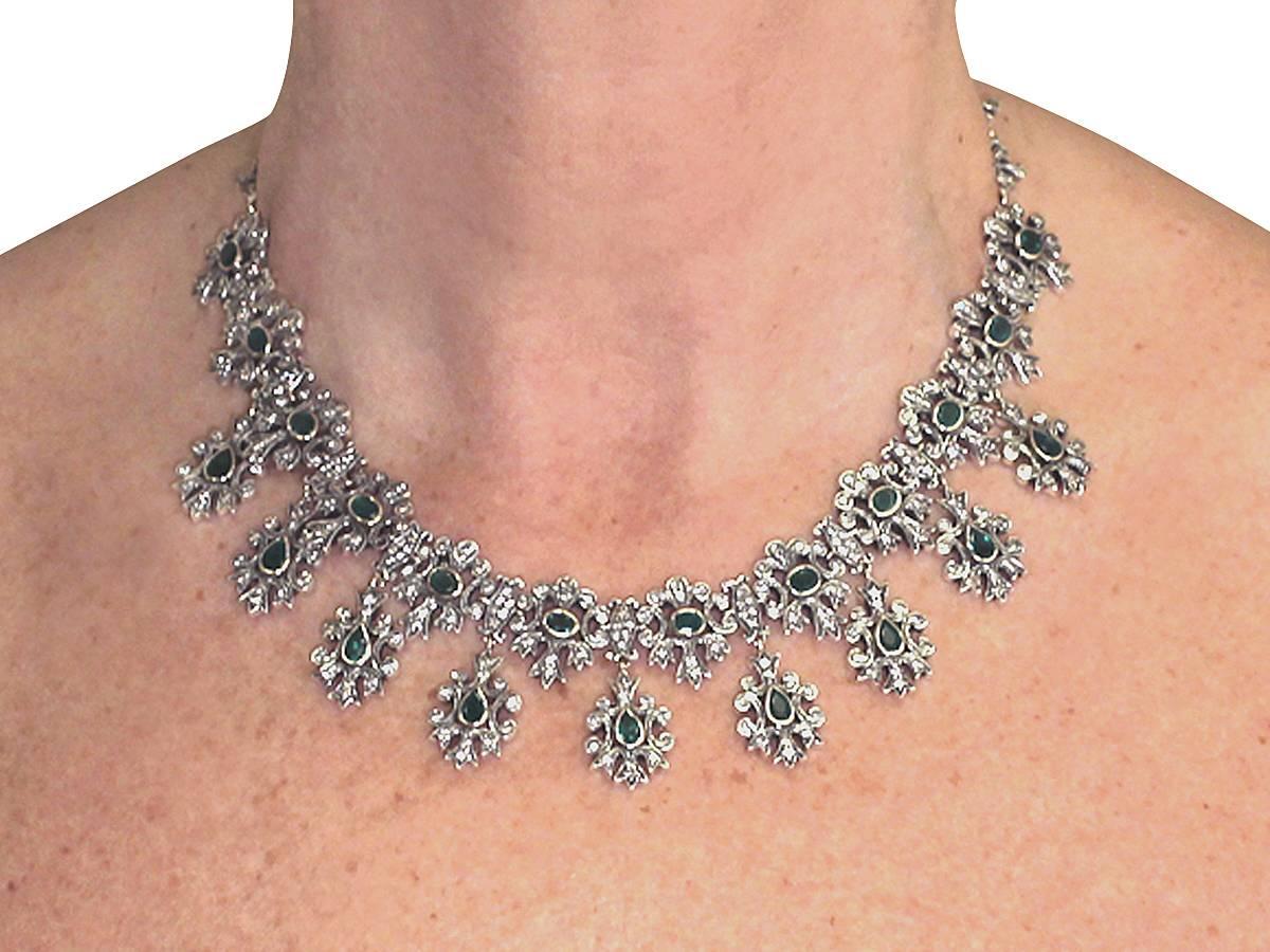 1950s 5.25 Carat Emerald and 5.47 Carat Diamond Silver Set Necklace 4