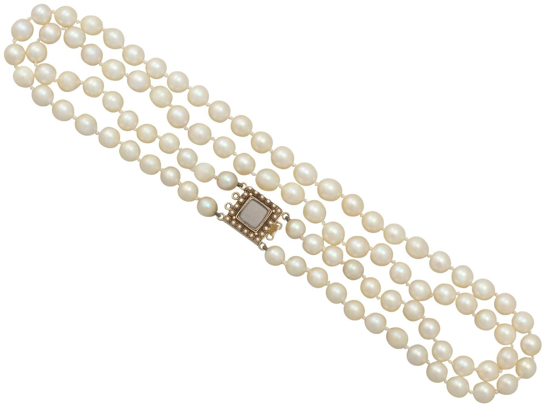 Women's Double Strand Pearl Necklace with 18k Yellow Gold Locket Clasp - Vintage