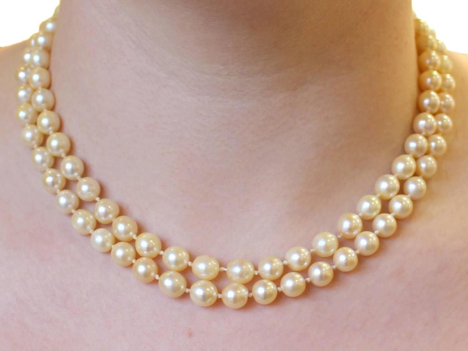 Double Strand Pearl Necklace with 18k Yellow Gold Locket Clasp