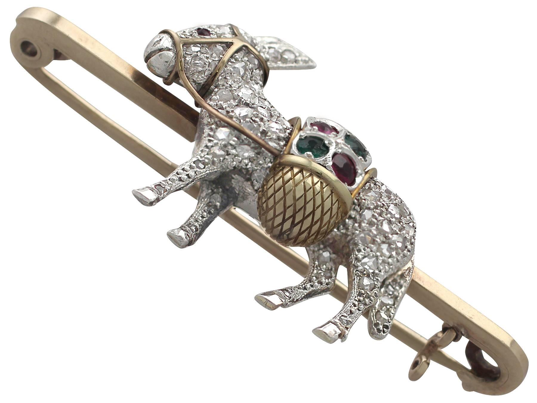A fine and impressive 0.48 carat diamond, 0.15 carat emerald and 0.10 carat ruby, 9 karat yellow gold bar brooch modelled in the form of a working donkey; part of our vintage jewelry and estate jewelry collections

This fine and impressive vintage
