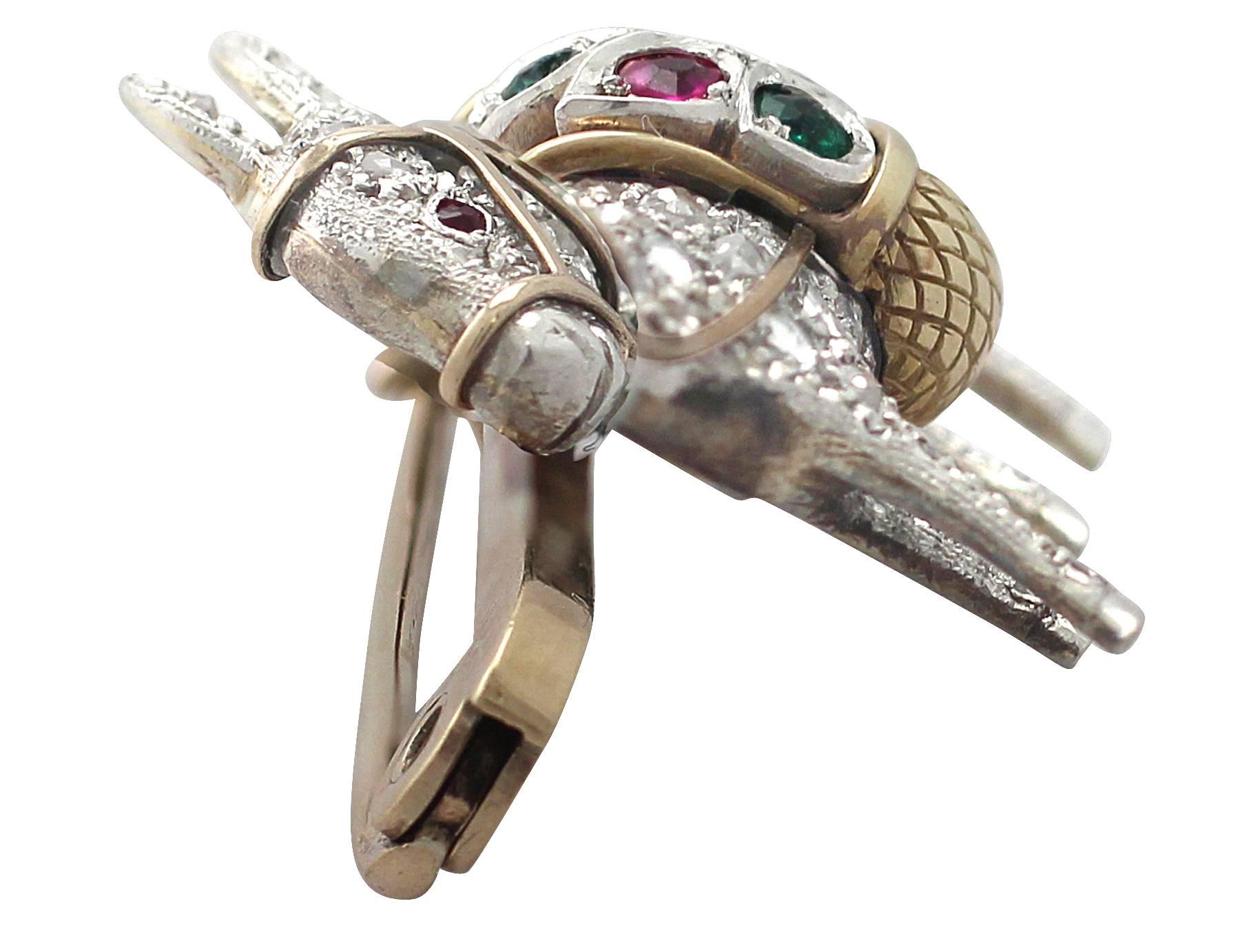 Diamond, Emerald, and Ruby, 9k Yellow Gold, Platinum Donkey Brooch - Vintage In Excellent Condition In Jesmond, Newcastle Upon Tyne