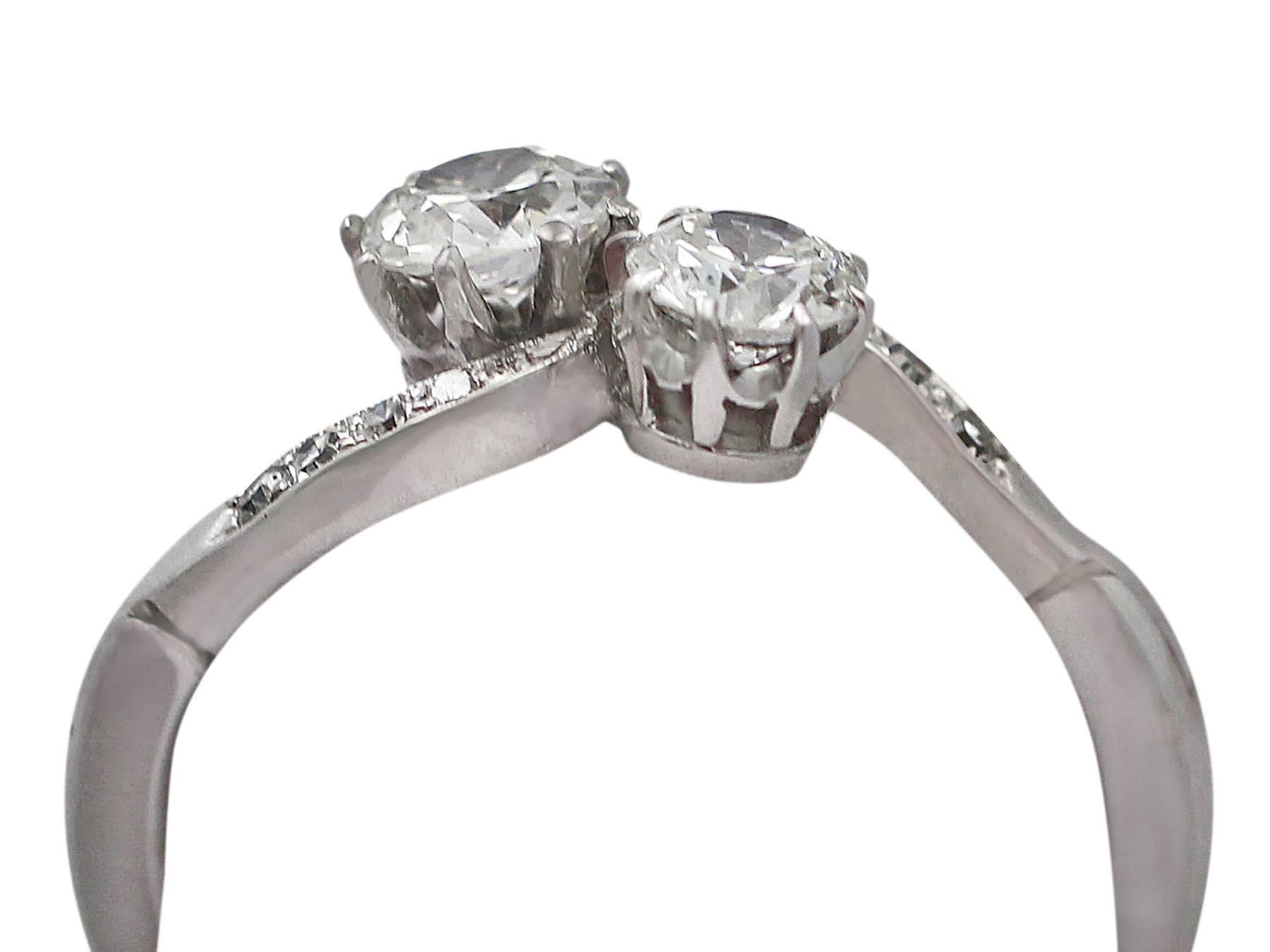 A fine and impressive 0.75 carat diamond, 18 karat white gold, platinum set twist ring; an addition to our antique jewelry collection

This fine antique two-stone diamond twist ring has been crafted in 18k white gold with platinum settings.

The