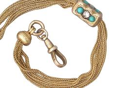 0.52Ct Diamond & Turquoise, 18k Yellow Gold Lorgnette/Watch Chain - Antique