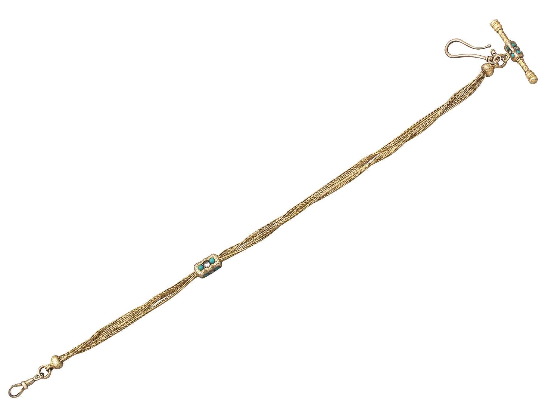 Victorian 0.52Ct Diamond & Turquoise, 18k Yellow Gold Lorgnette/Watch Chain - Antique